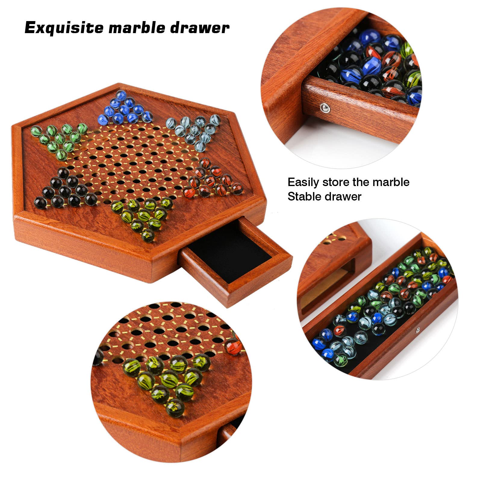 Dames Chinoises en Bois Naturel De 12,5 Po, Dames Chinoises De Haute Qualité - Jeu De Société Brain Storm - avec Tiroir De Rangement Et Billes De Verre - Jeux De Société De Dames, 32×28cm/34×30cm