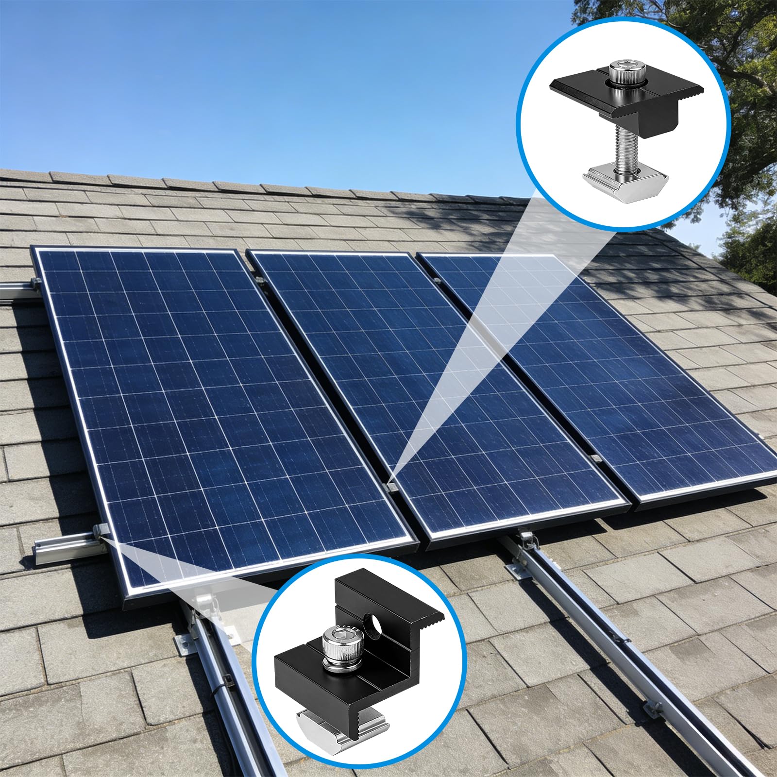 EXLECO Kit de 12 Support Panneau Solaire 30-35mm, Fixation Panneaux Solaires Photovoltaïque en Aluminium pour Rail, 6 Pinces Centrales en T et 6 Pièces d'Extrémité en Z, PV Pince de Toit, Noir