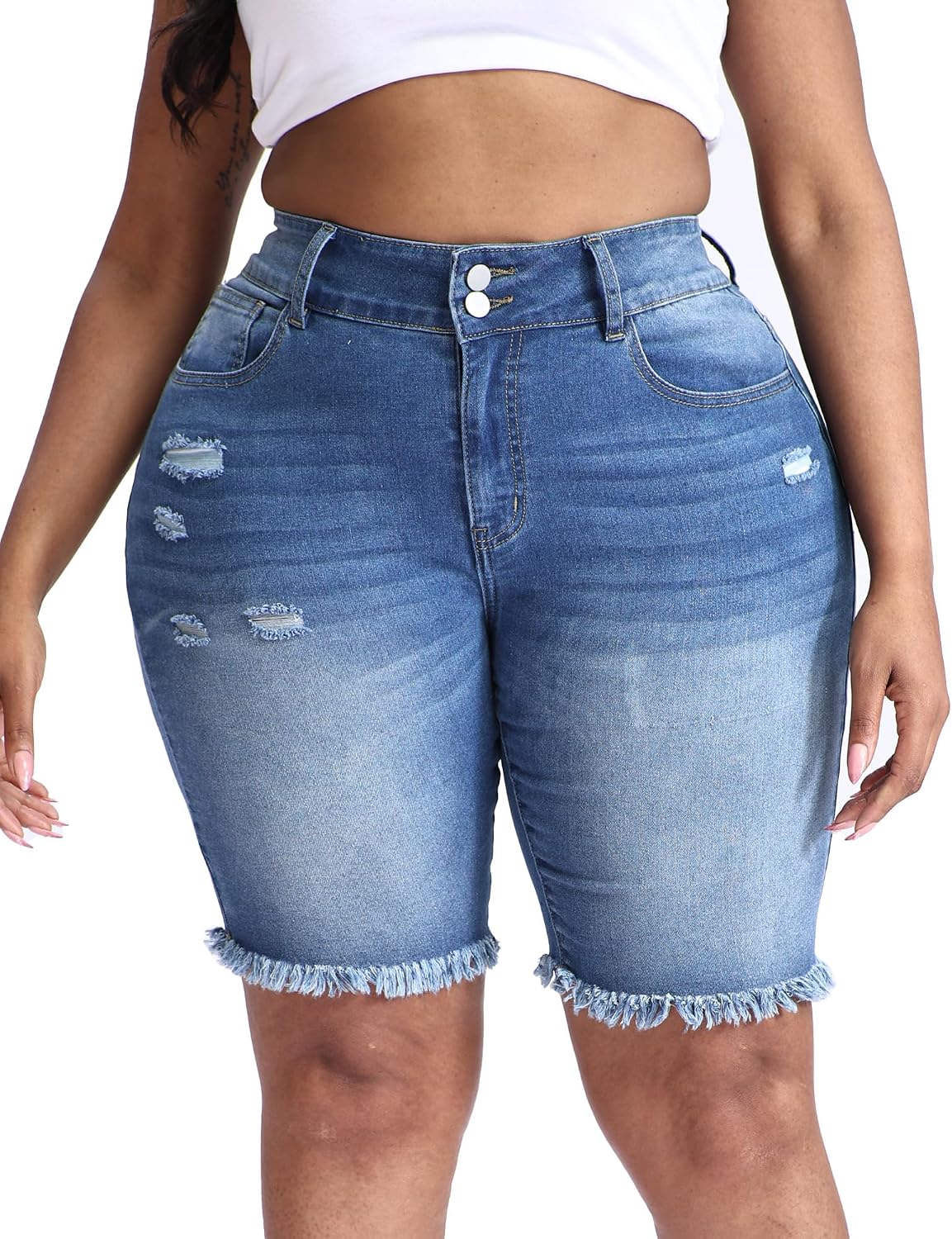 Gocolloa Women's Plus Size High Waisted Stretchy Jean Shorts 10" Inseam Raw Hem Denim Bermuda Shorts