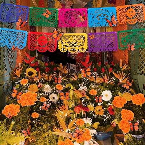 Miniatura 5 de Juego de 65 decoraciones del Día de los Muertos, incluye 1 guirnalda de caléndula artificial, 30 flores de caléndula con tallo, 10 pancartas