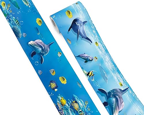 Vista 49 de FLFK Calcomanías de pared para despegar y pegar, para habitación de los niños, calcomanías de peces bajo el mar, 4 x 240 pulgadas (azul)