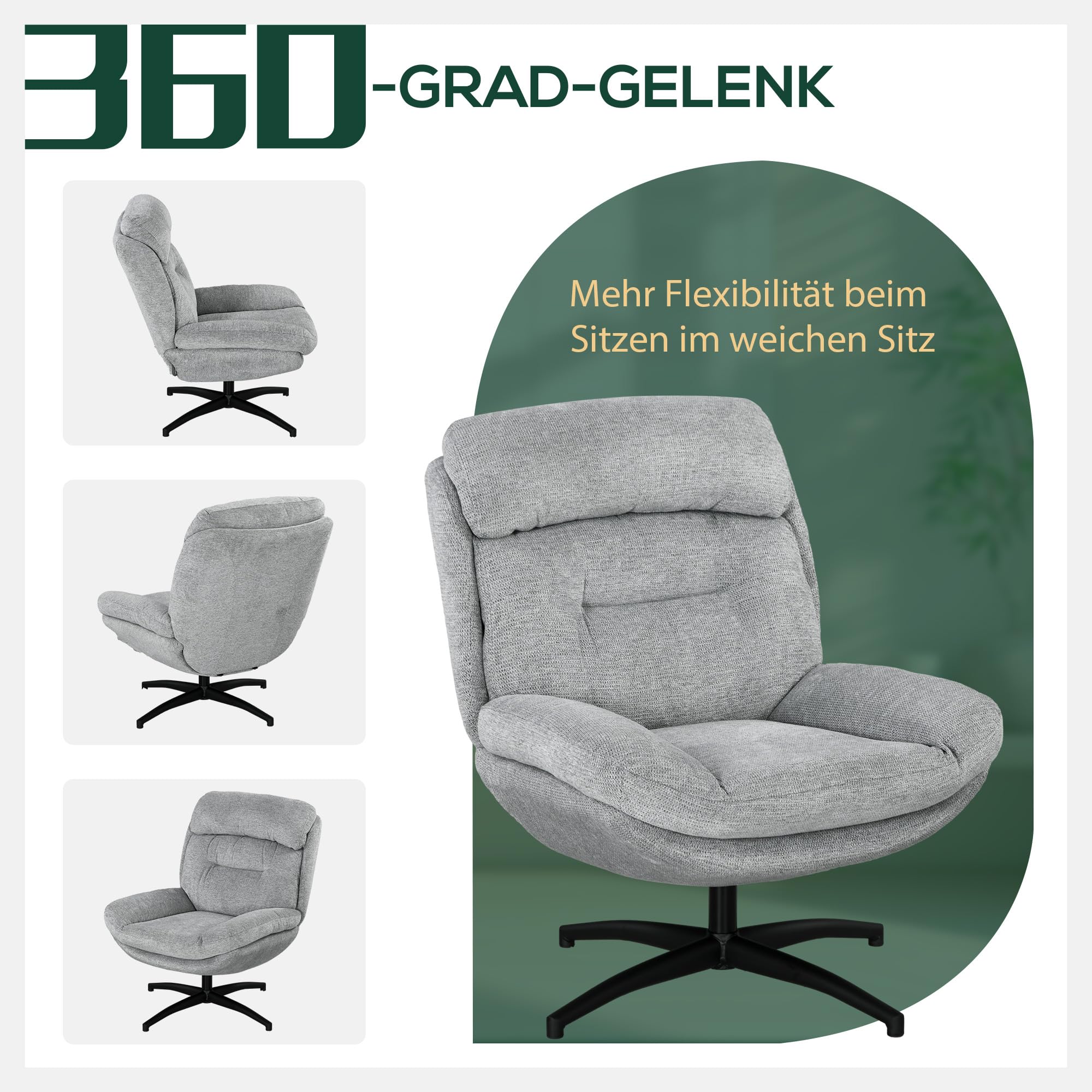 HOMCOM Sessel Wohnzimmer Drehbar Loungesessel mit Breiter Sitzfläche, Dicke Polster Schneidersitz Relaxsessel Lesesessel mit Wasserabweisend Chenille-Optik, Polstersessel für Schlafzimmer Grau
