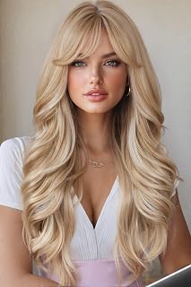 WIGER Long Wavy Hair With Bangs Flaxen Mix Blonde Curly Wigs | 26 Inch Synthetic Layered Wavy Hair for Women Daily or Halloween Cosplay Party Wigs