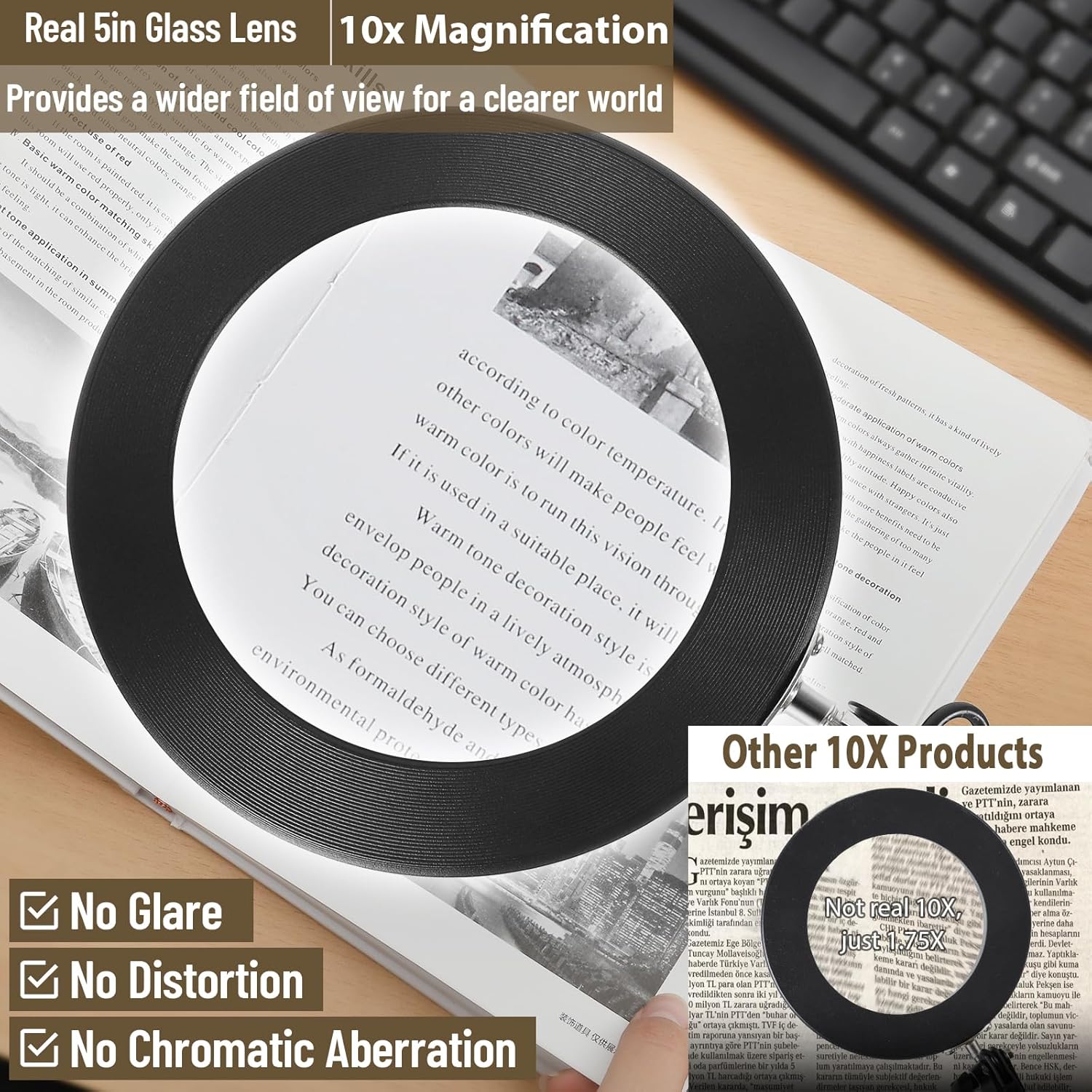 Close-up view through the 10X 5-inch real glass lens, demonstrating clear magnification without glare, distortion, or chromatic aberration.