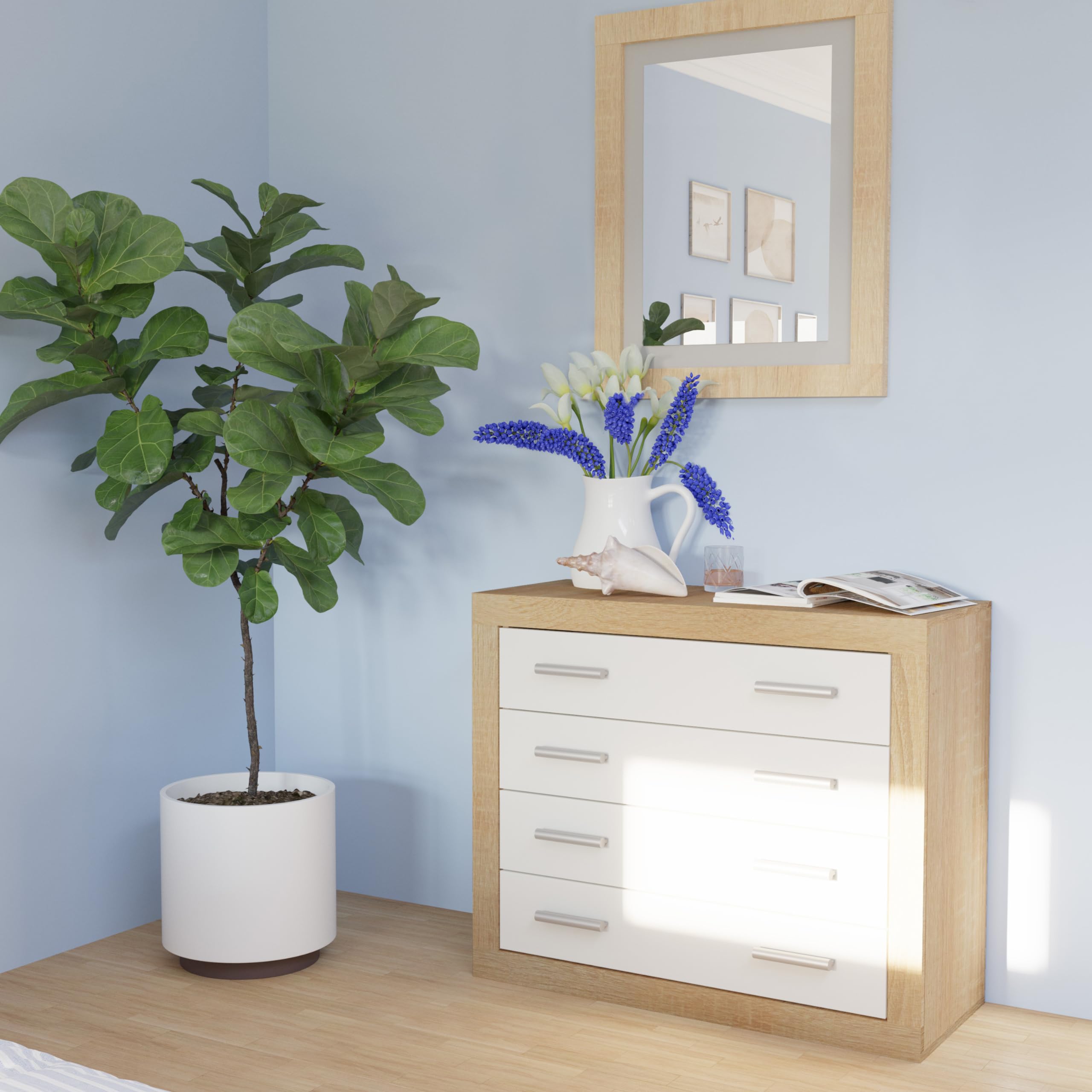 duehome | Conjunto de Dormitorio Kira 4c - Cabecero + 2 Mesitas de Noche + Comoda y Espejo, Acabado en Cambria y Blanco