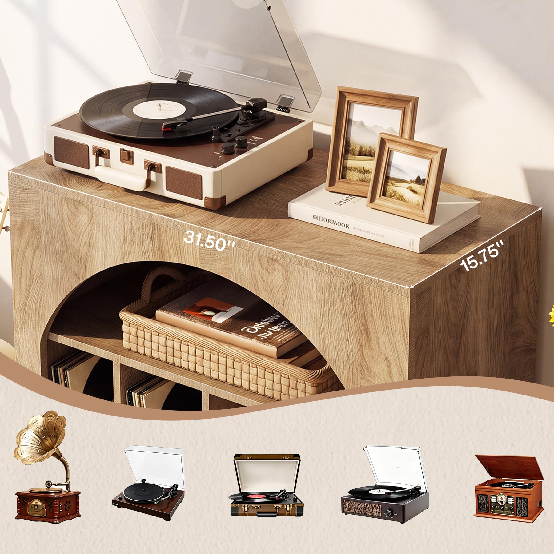 Tribesigns Supporto per Giradischi, 80 x 40 x 70 cm, Può Contenere Fino a 370 Dischi, Porta Dischi in Vinile in Stile Mid-Century con Gambe in Legno per Circa Vinili, CD, Album, Giradischi, Marrone