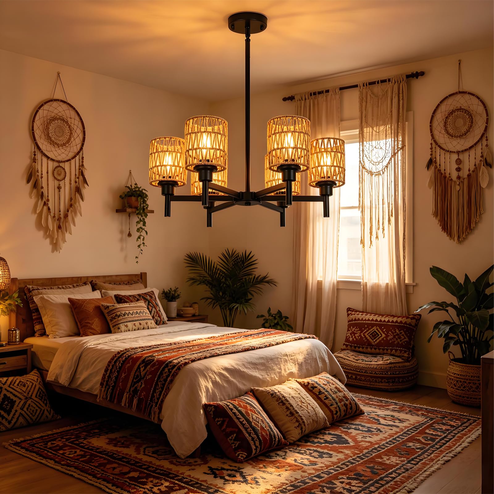 Lampara Araña Techo Negro Vintage 6 Luces Ratán Boho Luz Colgante Altura Regulable E27 Rústica Retro Iluminación de Techo