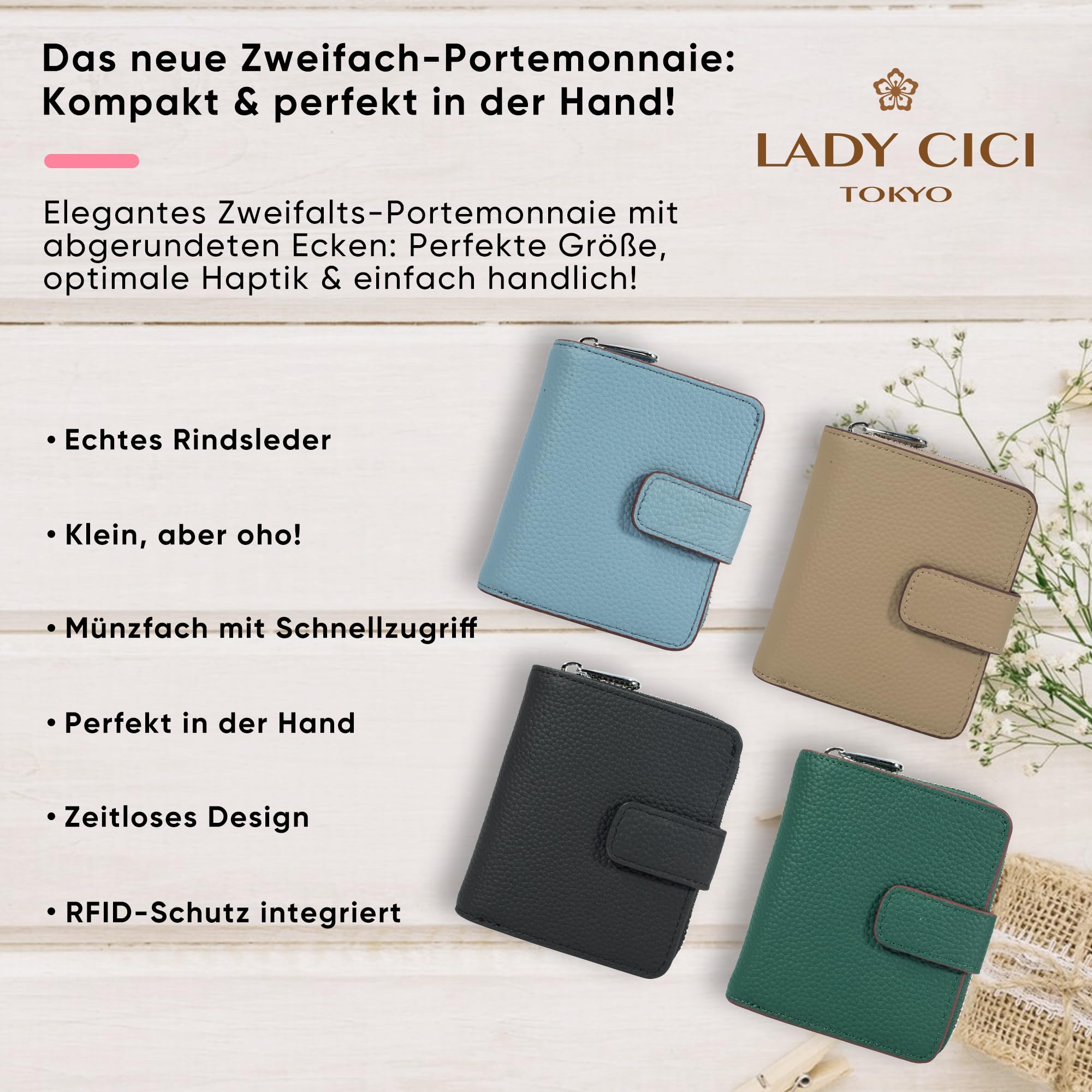 Geldbörse Damen mittelgroß aus Echtem Leder Slim RFID Portemonnaie mit 15 Kartenfächern und Münzfach Portmonee als Geschenkidee(Graublau)