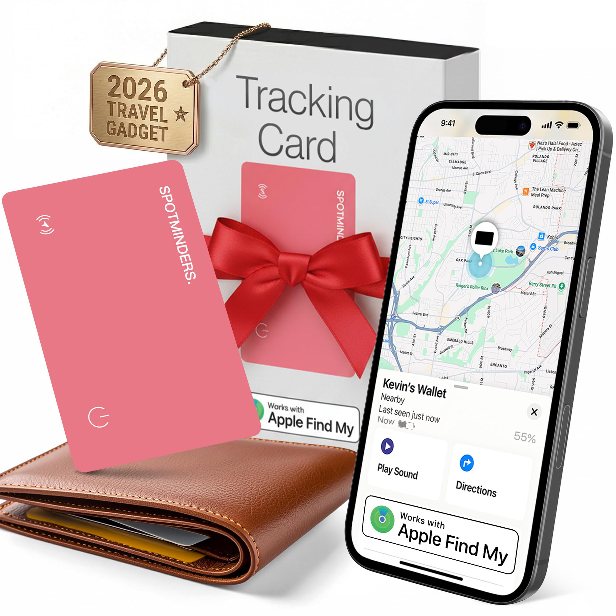 SPOTMINDERS Apple MFi Certified Wallet Tracker Card for Travel Gifts for Women - Works with Apple Find My Rechargeable Tracking Card for Wallet Luggage Passport Purse Slim 0.07in IP68 Pink Item Finder Pink (Pack of 1)