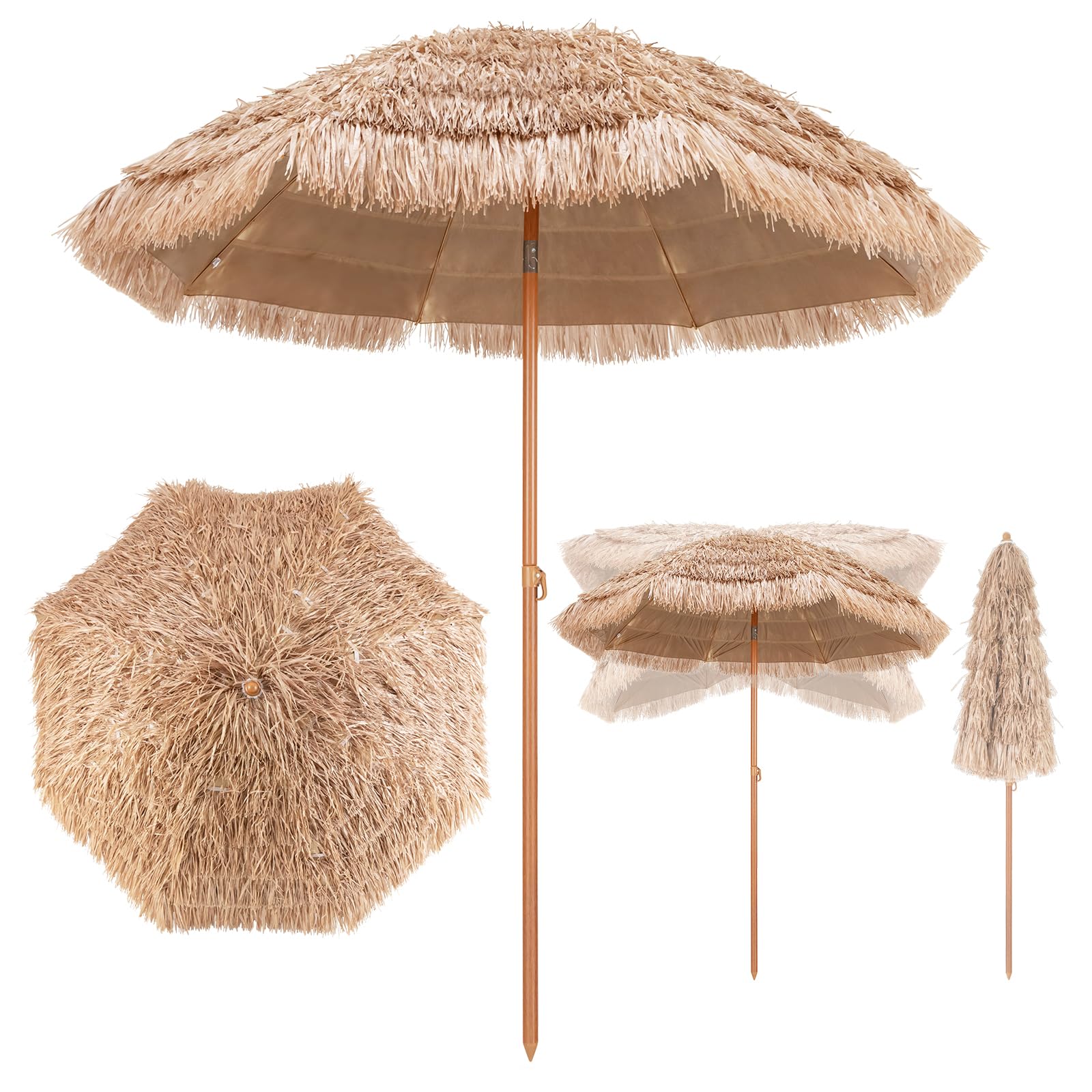 COSTWAY Parasol de Jardin Exterieur Ø220 cm, Parasol Balcon Solaire en Paille PP à 7 Couches, Style Hawaïen Exotique, 30° Inclinaison Réglable et Manivelle, 8 Baleines, pour Jardin Plage Piscine