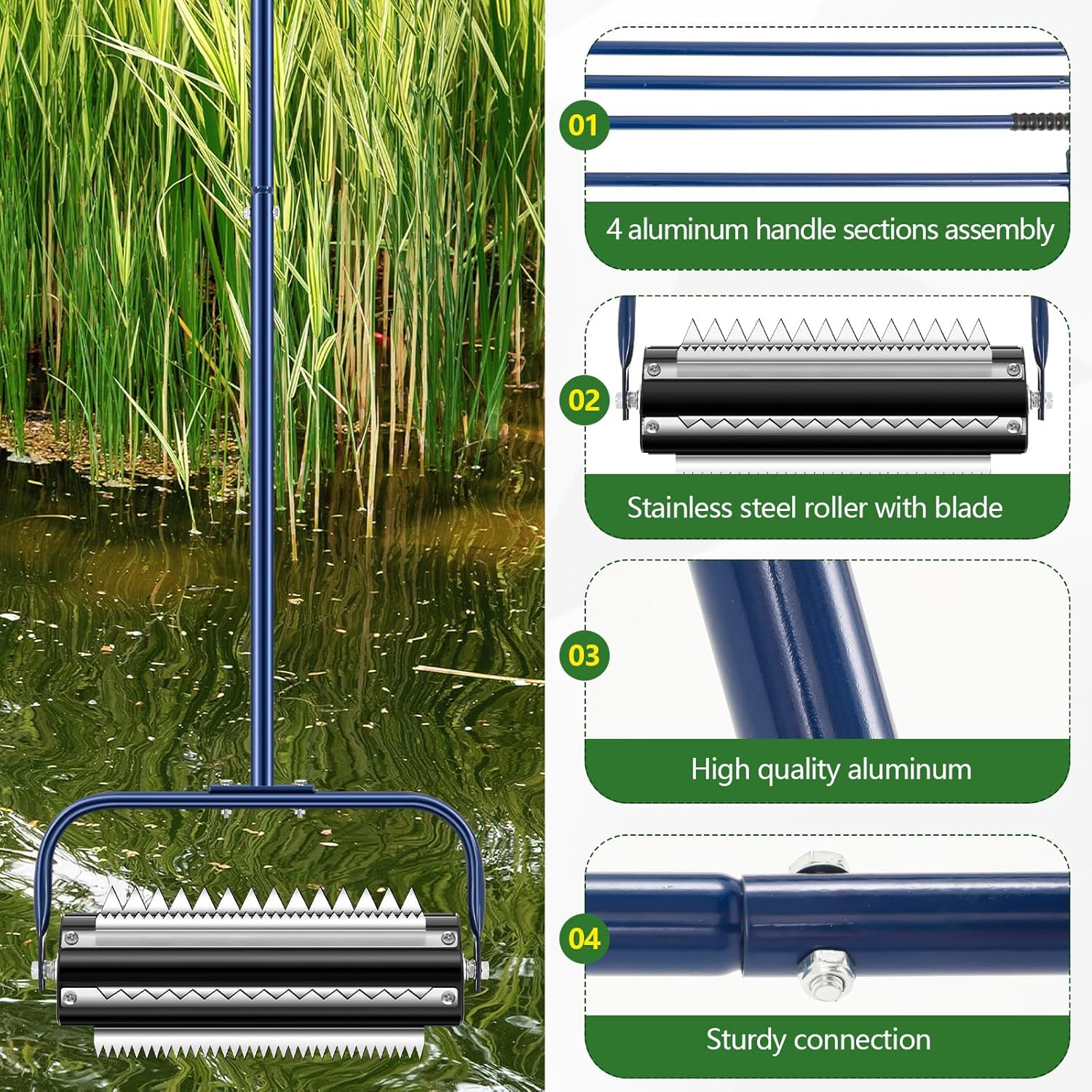14 ft Roller Pond Rake Stainless Steel Lake Weed Removal Tool, Rid Weeds Roots and Muck Buildup, with 6 Pre Installed Stainless Steel Blades and 4 Aluminum Handles, Easy to Assemble, Blue