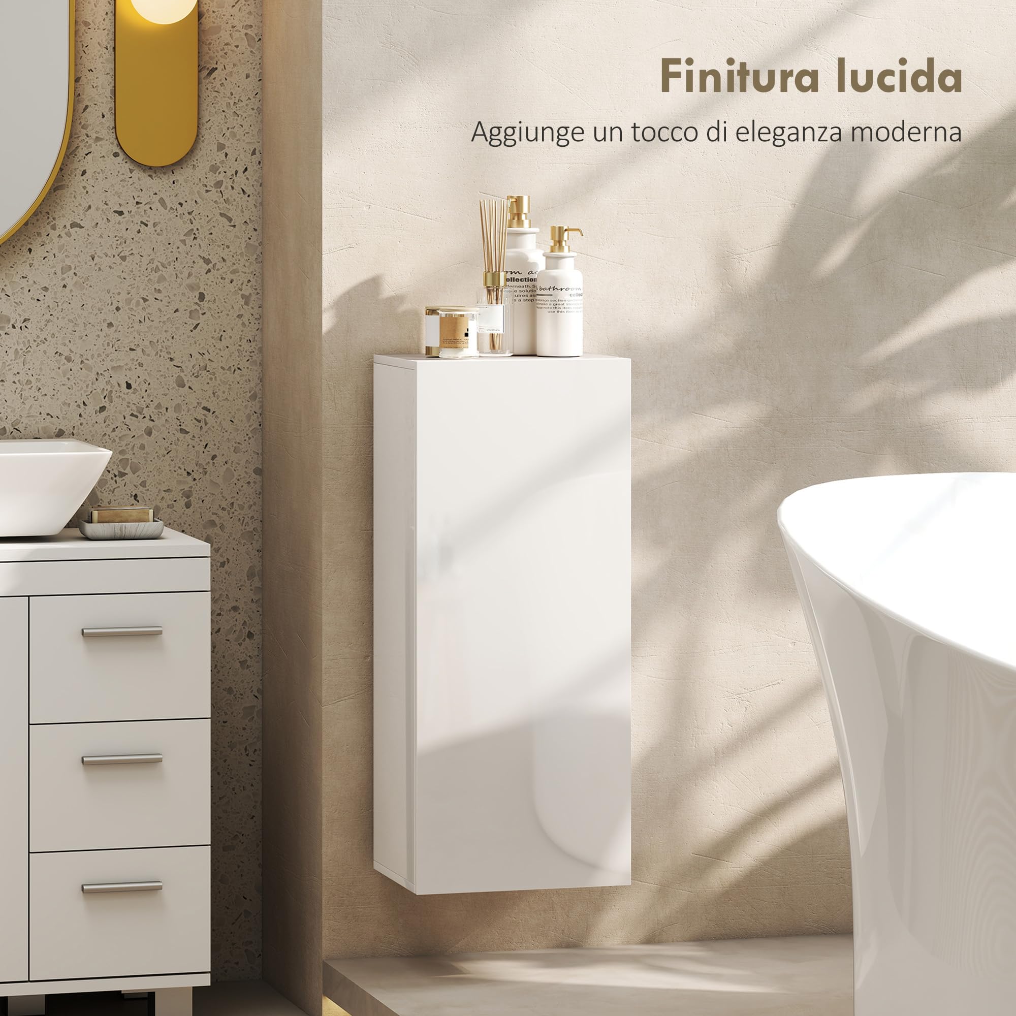 HOMCOM Mobiletto Bagno Sospeso con Anta Senza Maniglia, Pensile Bagno con 2 Ripiani in Vetro Temperato Regolabile, Mobile a Parete Multiuso, 30x23.4x71.2 cm, Bianco Lucido