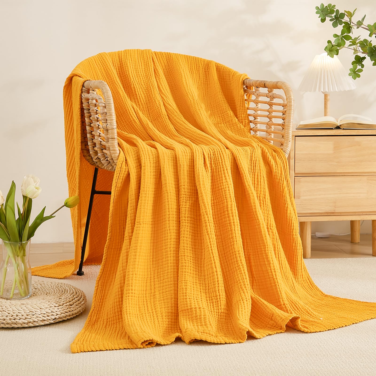 EMME Coperta di cotone per letto queen size, morbida, grande, in mussola, 203,2 x 228,6 cm, leggera e traspirante, per tutte le stagioni, colore: giallo senape