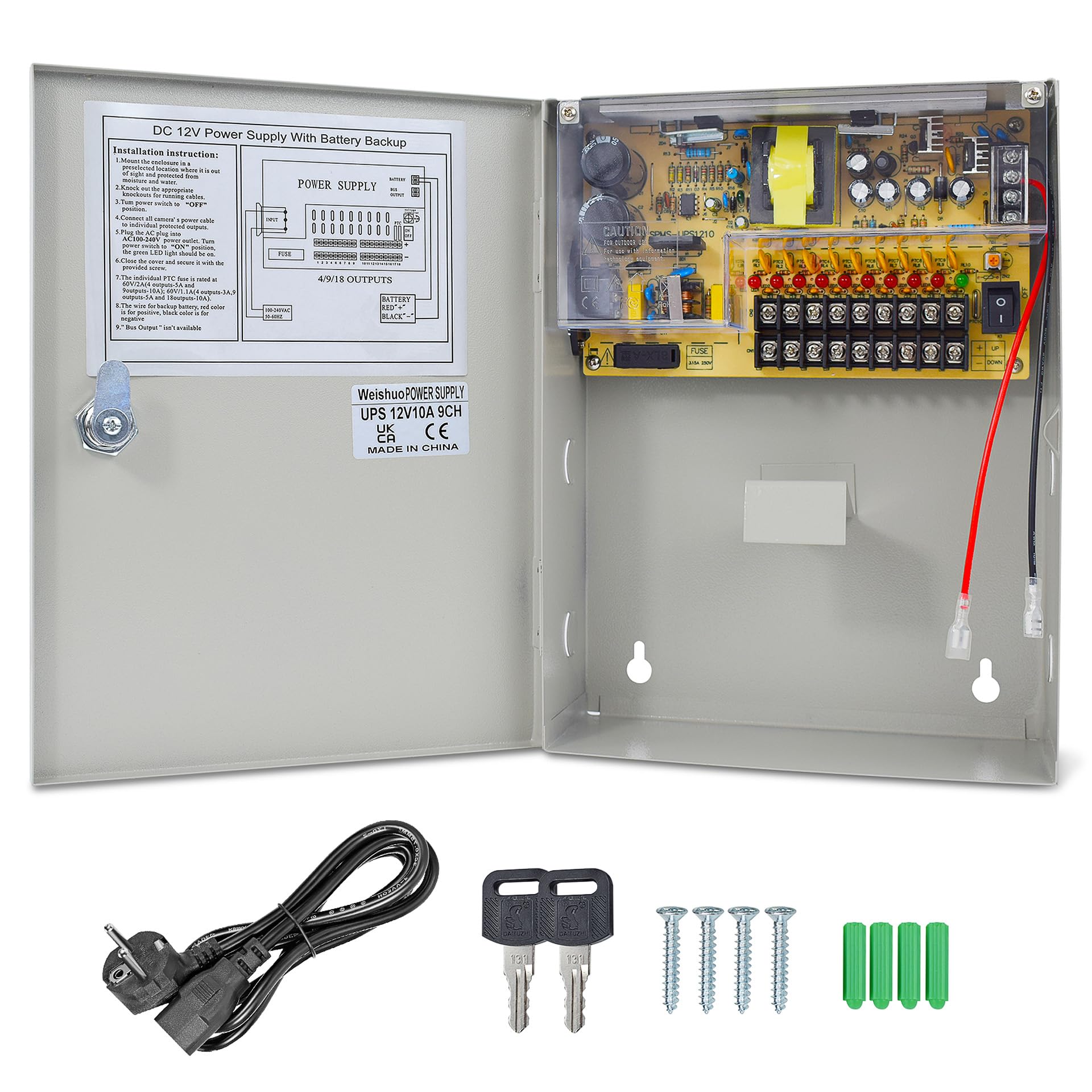Boîte d'alimentation UPS 9 Canaux 12V 10A sans Interruption avec Transformateur de Sauvegarde de Batterie pour Contrôle d'accès LED de Caméra de Surveillance