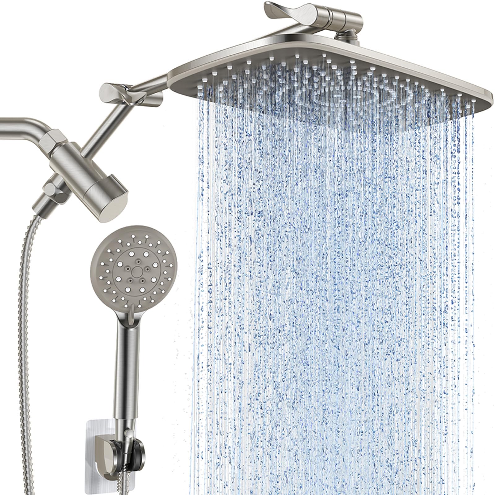 Veken Wide High Pressure Rain Shower Head with Handheld, Handheld Shower Heads with Multi Spray Modes, Rainfall Combo with 15" Metal Extension Arm,Detachable Dual Shower, 1.8GPM, Brushed Nickel
