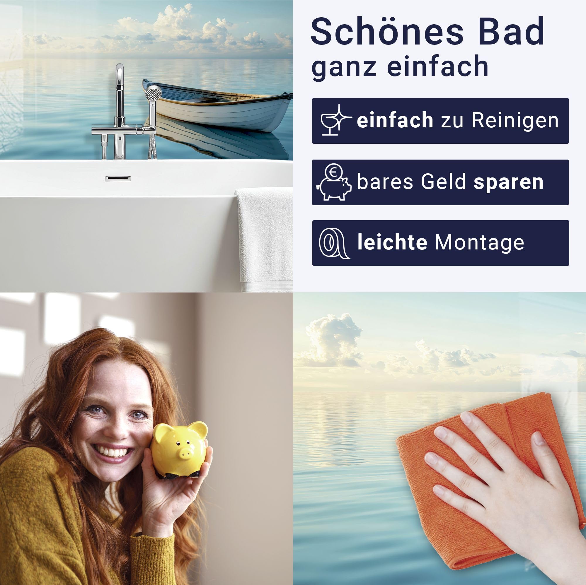timalo Waschbecken und Badewannenrückwand 60 x 40 cm - aus Acrylglas | Ruderboot, Boot, Meer, See, Sonnenaufgang | Wandpaneele Bad Badrückwand Platte Badewanne Rückwand Badezimmer Glasoptik