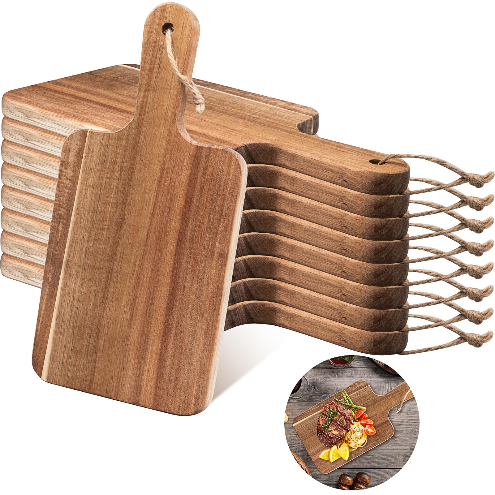 10 Stück Schneidebretter aus Akazienholz mit Griff und Seil, 30 × 15 cm Servierbretter im Set Holzbrett zum Schneiden und Servieren von Gemüse Fleisch Käse Pizza Obst Brot