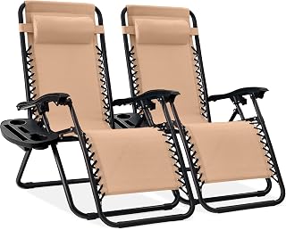 Best Choice Products 2-Pack Beige Zero Gravity Lounge Chairs - Adjustable Steel Mesh Recliners w/ Pillows, Cup Holder Trays