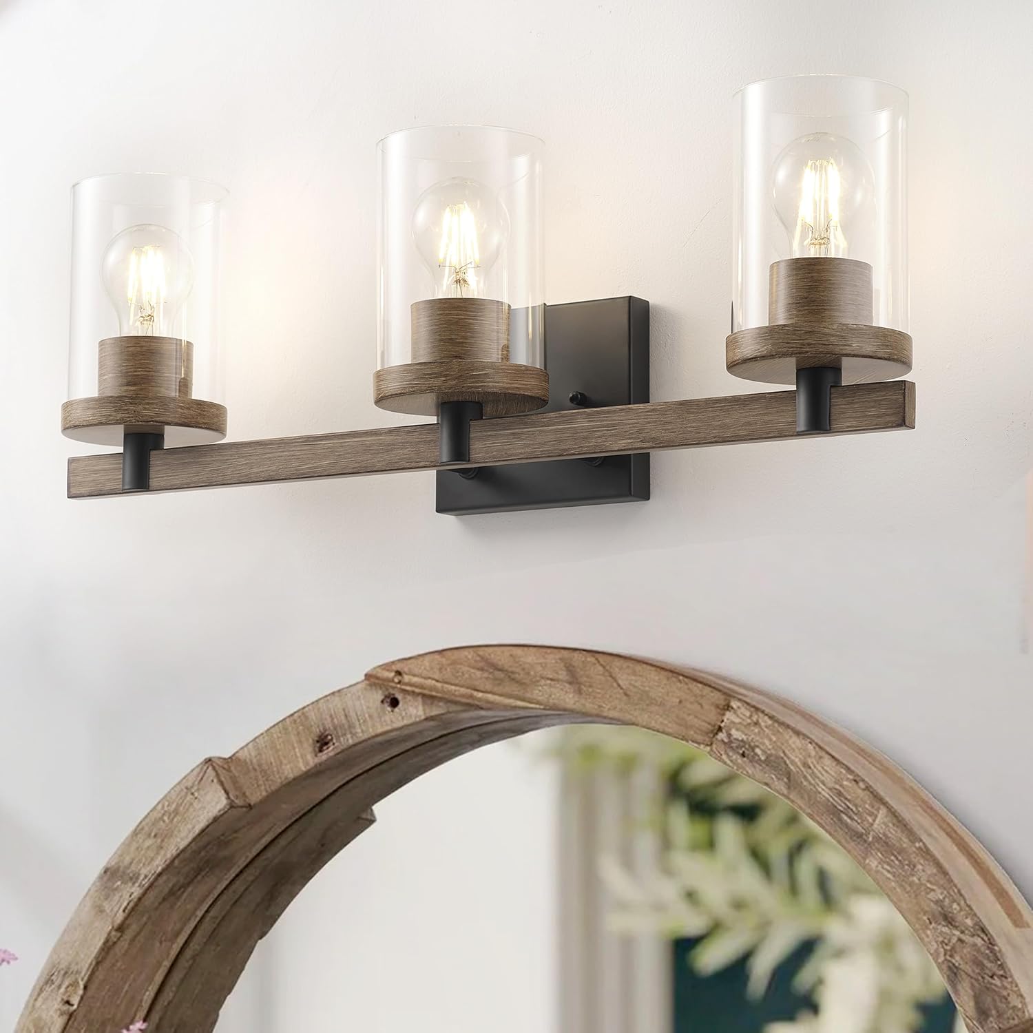 Aiwen Modern Bathroom Vanity Light Fixture 3-Light 23.03 inch Industrial Black Wood Grain Vanity Lighting with Clear Glass Shade Vintage Bath Wall Sconces for Mirror Bedroom Hotel