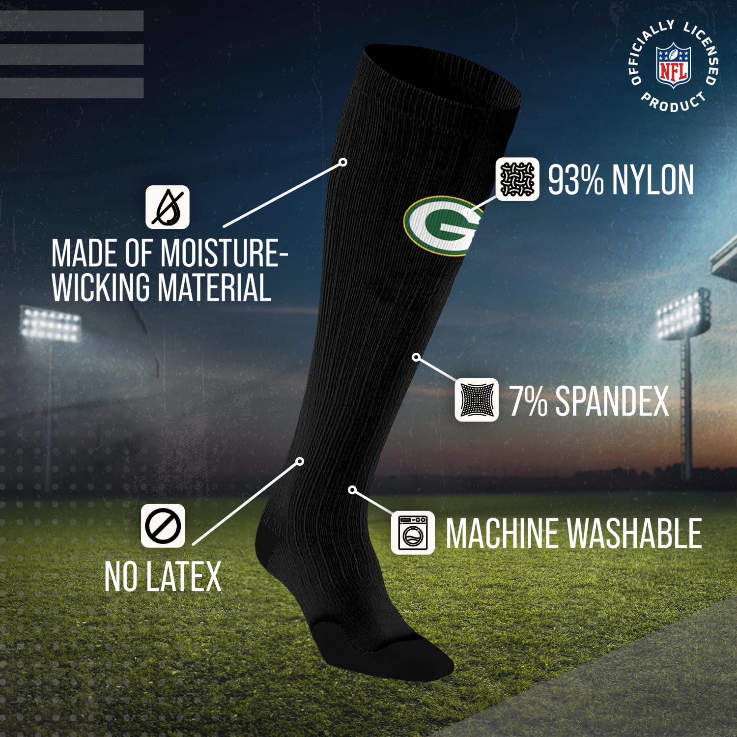For Bare Feet NFL Adult Knee High-Performance Socks, All Black, Unisex Design, Recovery Wellness Exercise Accessory - Image 3