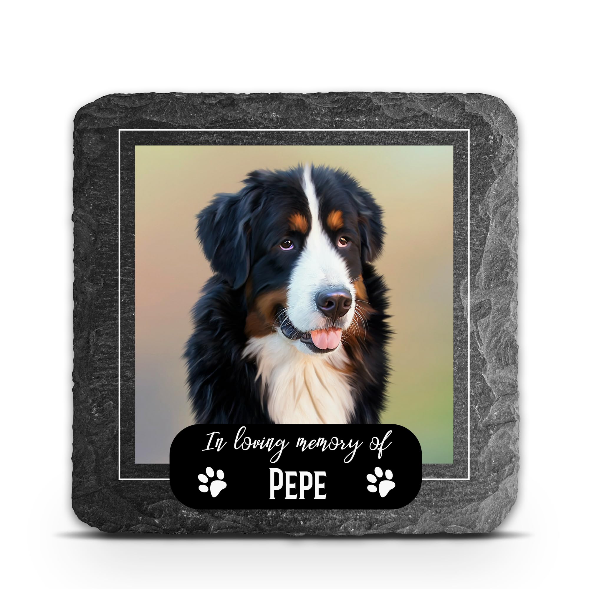 TULLUN Personalised Square Memorial Plaque For Pet Cat Dog any Animal Slate Stone Rock Frame Paw Print Grave Marker - Size 3,94" x 3,94" or 100 x 100 mm - Image Frame
