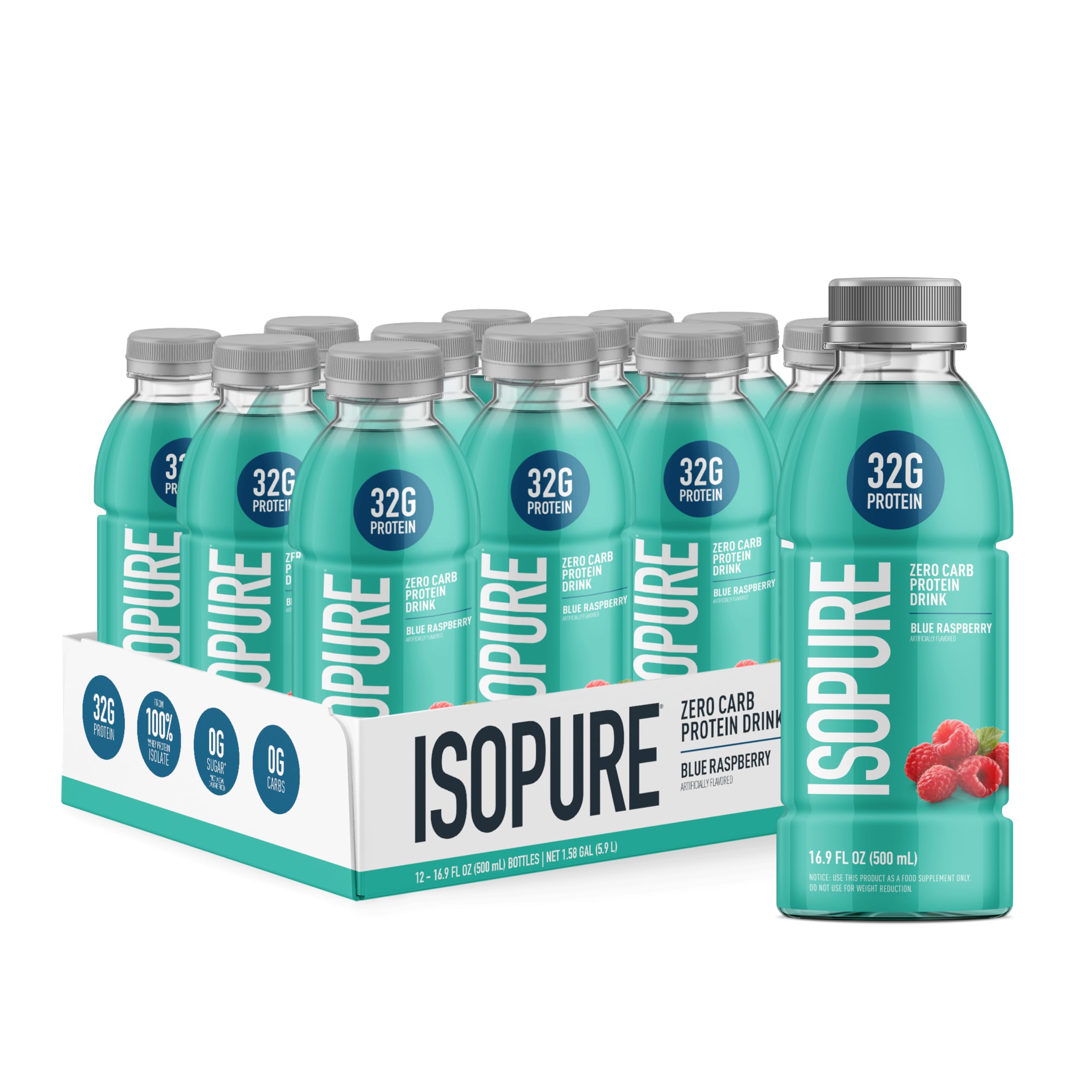 Isopure Zero Carb 32g Clear Protein Ready-to-Drink, Whey Protein Isolate, Blue Raspberry, 12 Pack (Packaging May Vary)