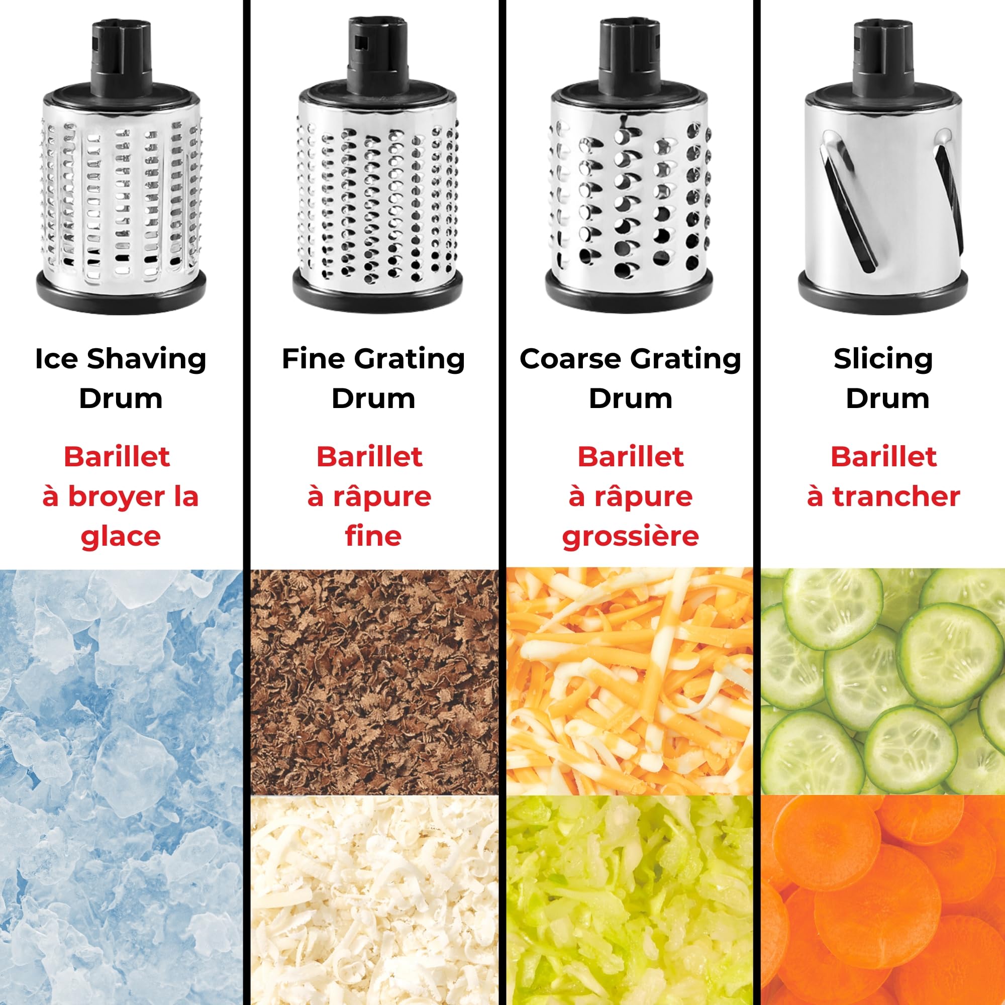 Starfrit Rallador de tambor rotativo - 4 tambores intercambiables de acero inoxidable - rebanar, rallar grueso y fino, afeitado de hielo - Ideal para verduras, queso, nueces, chocolate