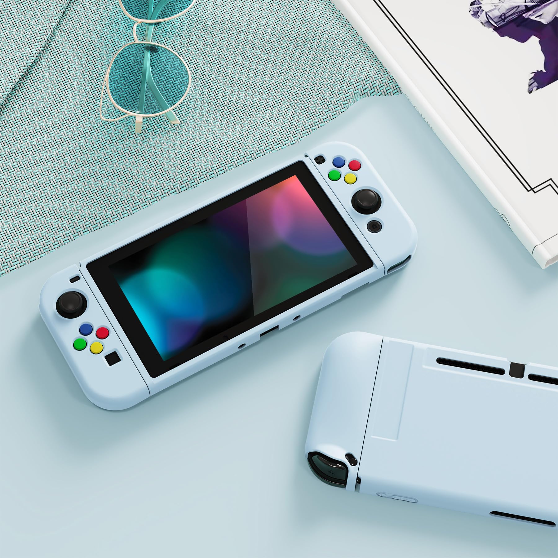 PlayVital Cover Protettiva Custodia per Nintendo Switch Copertura Morbida TPU Case per Joycon Console con Copri Tasti ABXY Direzionali Colorati-Celeste