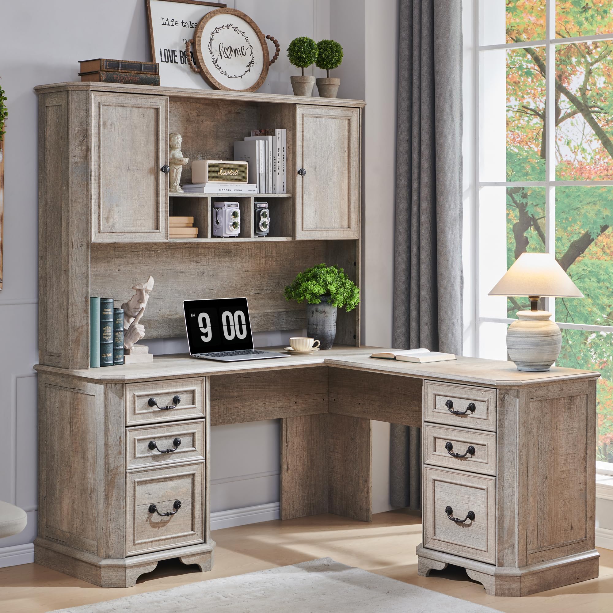 T4TREAM 59" Executive L Shaped Desk with Hutch,Victorian Wood Computer Desk, Featuring Charging Station,File Drawer, Storage Cabinet,for Home Office Work and Study (Light Rustic Oak)