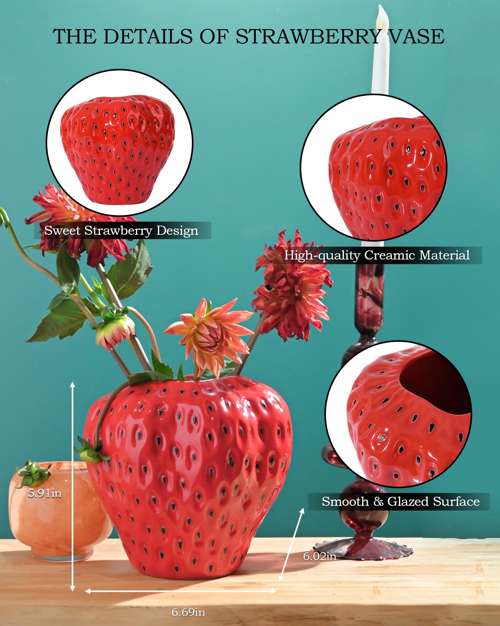 Florero de fresa roja, jarrones de cerámica de fresa para decoración colorida del hogar, bonito jarrón decorativo para decoraciones de fiesta de fresa 2