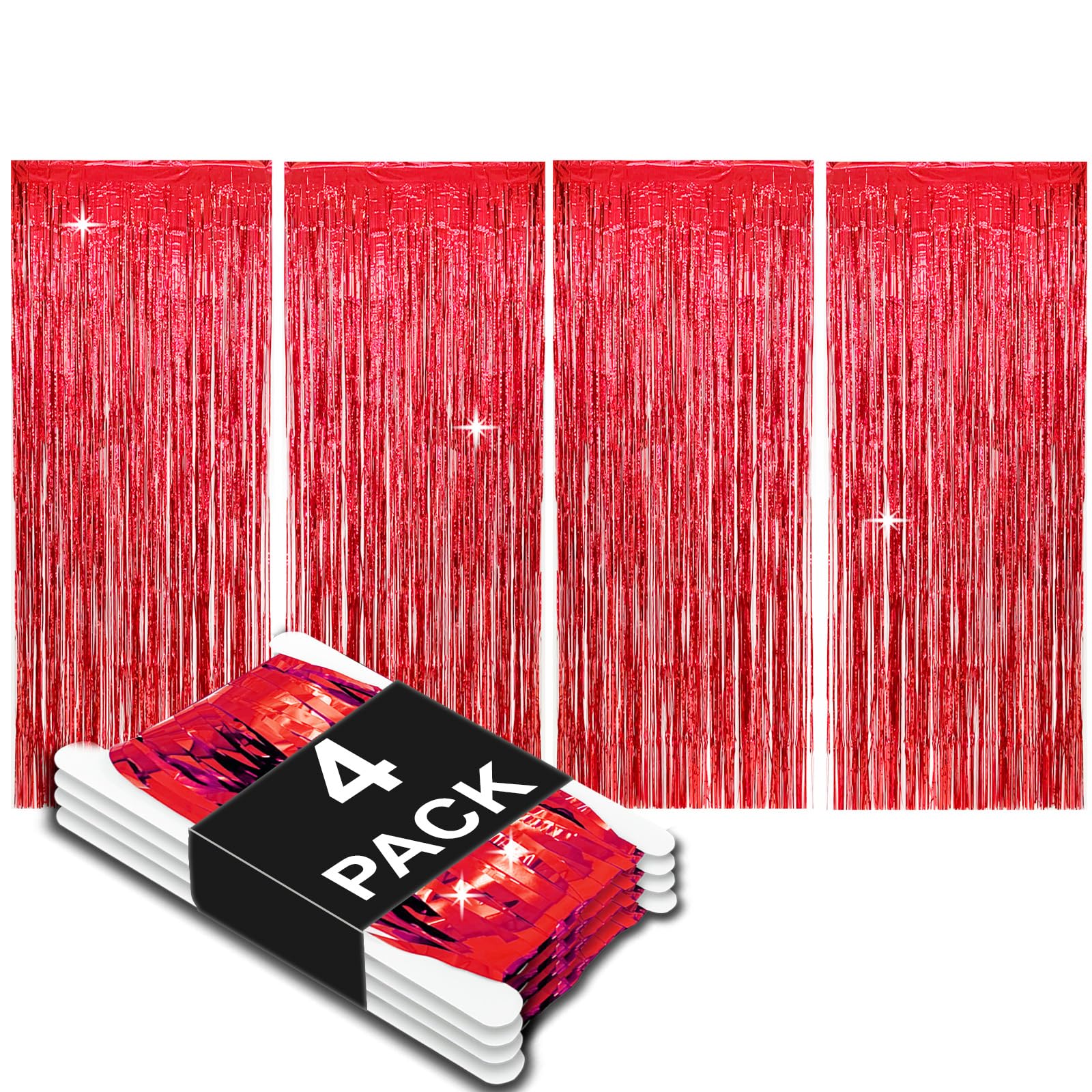 Allgala 4 Pack Red Metalic Tinsel Party Photo Backdrop Curtain 3.3 x 8.2 FT (1x2.5M) Photo Booth Background Curtains Door Fringe Décor Party Streamer for Birthday Graduation New Year Eve