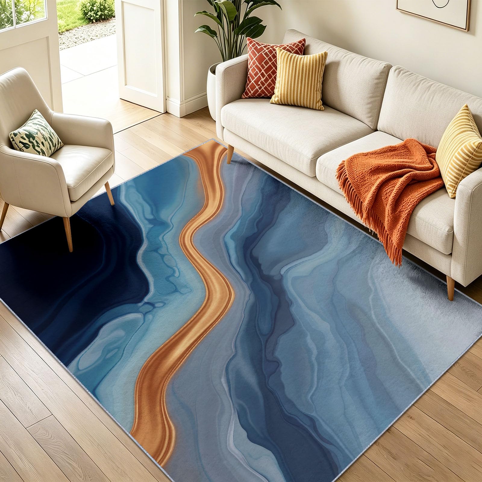 Tapis D'Appoint Abstrait Rayures 120 x 180 cm, Doux Lavables Antidérapant Enfants Adultes, Bleu Moderne Décoratif Tapis pour Salon Chambre Jeux