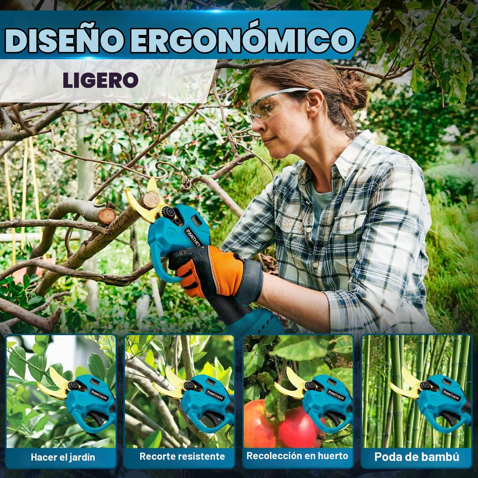 Tijera de Podar Electricas de 45mm con Bateria Telescópica Pértiga | Tijeras de Podar Bateria Profesional con 2 Baterías de 21V 2000 mAh Podadora Eléctrica con pantalla LCD para Jardinería