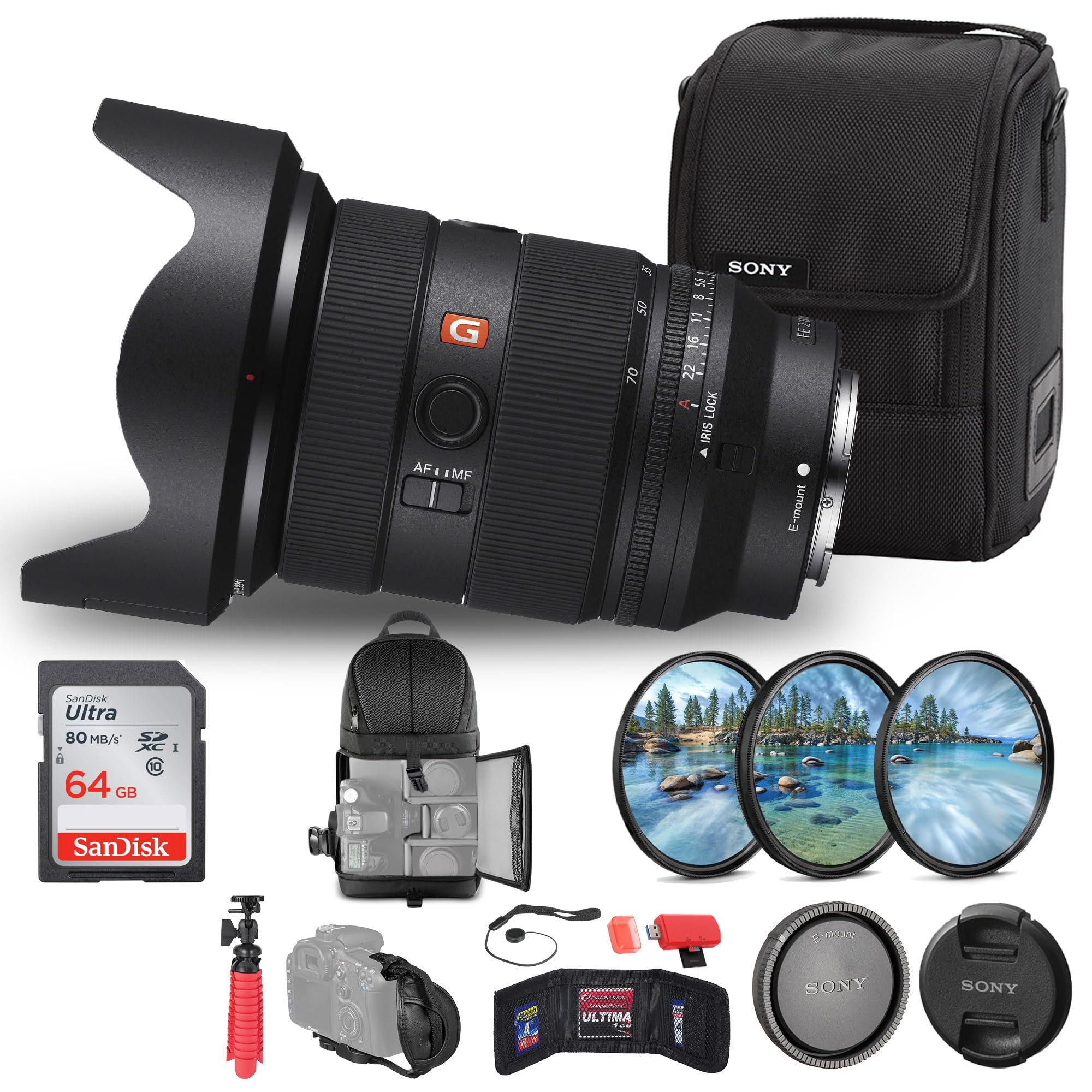 Sony FE 24-70mm f/2.8 GM II Lens (Sony E) + 64GB Memory Card + FilterKit + Backpack + Card Reader + Flex Tripod + Memory Wallet + Cap Keeper +