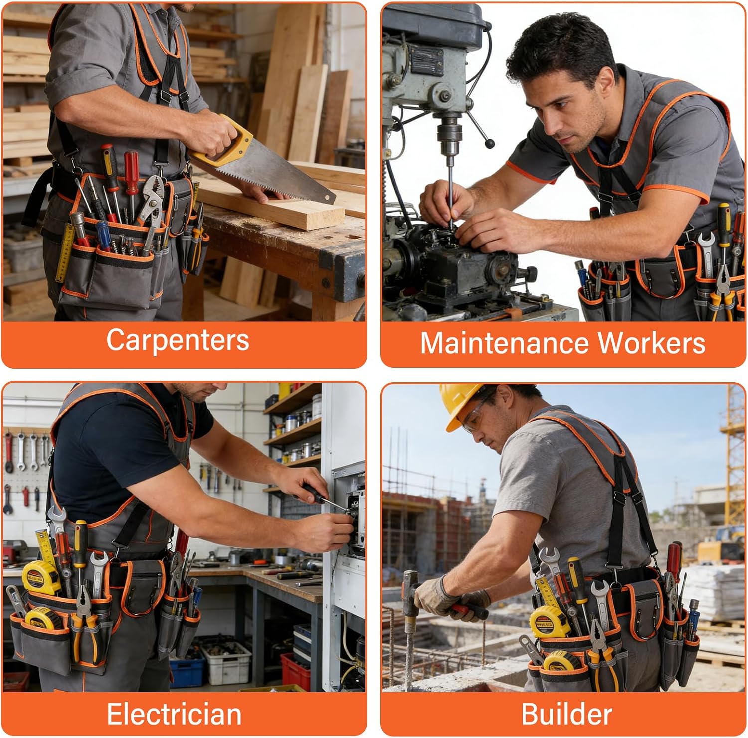 Tool Belt With Suspenders, Heavy Duty Detachable Tool Belts for Men with 18 Pockets, Tool Belt with Adjustable 27 to 66 Inches Detachable Waist for Electricians, Carpenters, Framers, Grey-Orange