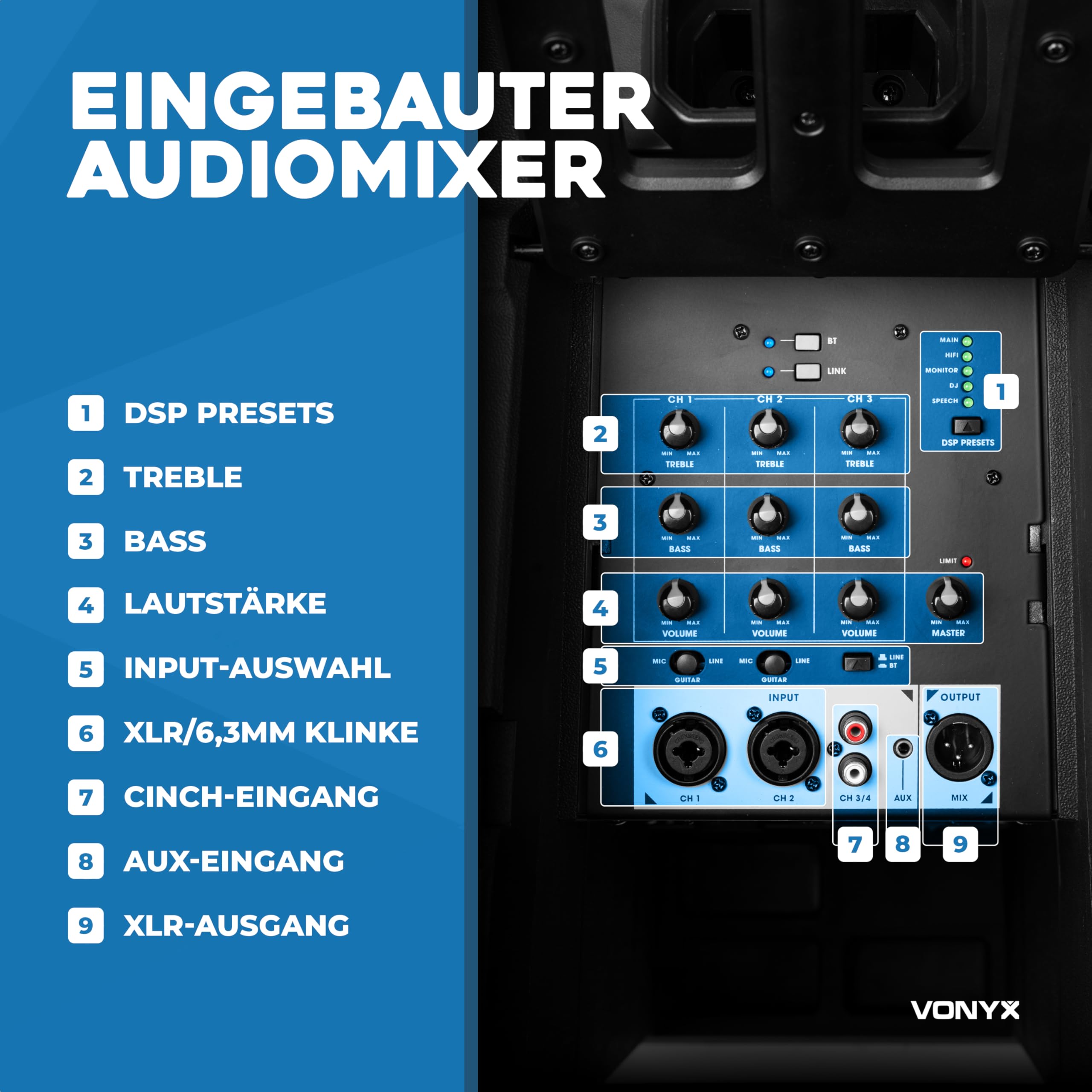 Vonyx VX820 Column Speaker System, PA Anlage Aktiv, 400W Line Array Säulenlautsprecher - 8 Zoll Subwoofer, Bluetooth 5.0, DSP, 4-Kanal-Mixer – DJ Anlage Komplett Set, PA Lautsprecher