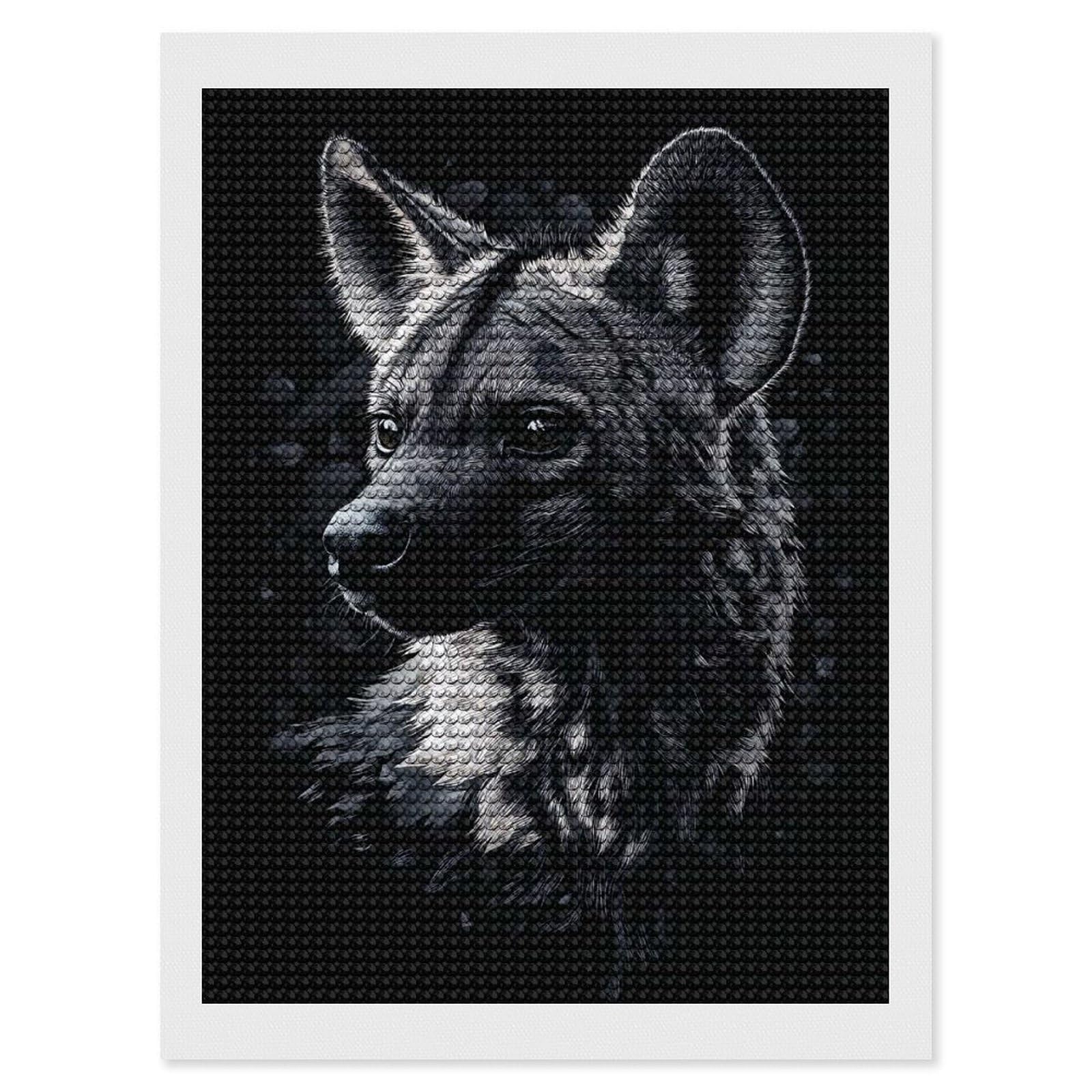 Junmoney Hyena Portrait in Black and White Diamond Painting Set 12"x16", Stress Relief Craft, Easy to Enjoy, Vintage Style Decor, Festive Craft Gift