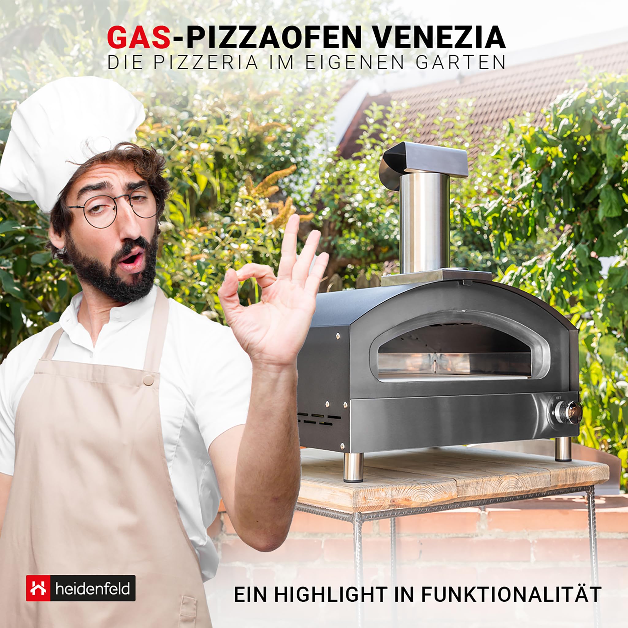 Heidenfeld Gas Pizzaofen Venezia | Gasofen - 500°C - Pizza Ofen - Pizzamaker - Edelstahl - Brot Backofen - Pizza Maker - Pizzastein - Pizza Grill - Gartenofen Outdoor (Silber)