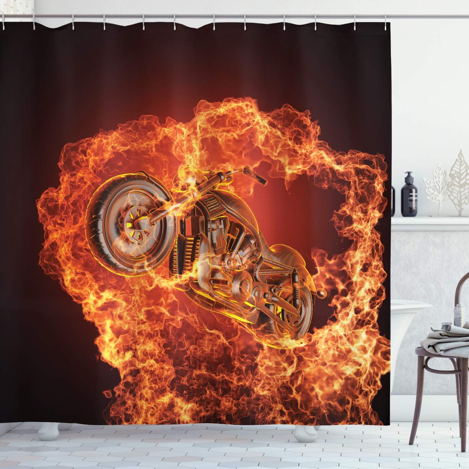 Ambesonne Manly Shower Curtain, Chopper Bike Bursting Through Motorbike Motorcycle Dangerous Sport Art, Cloth Fabric Bathroom Decor Set with Hooks, 69" W x 75" L, Dark Orange Marigold