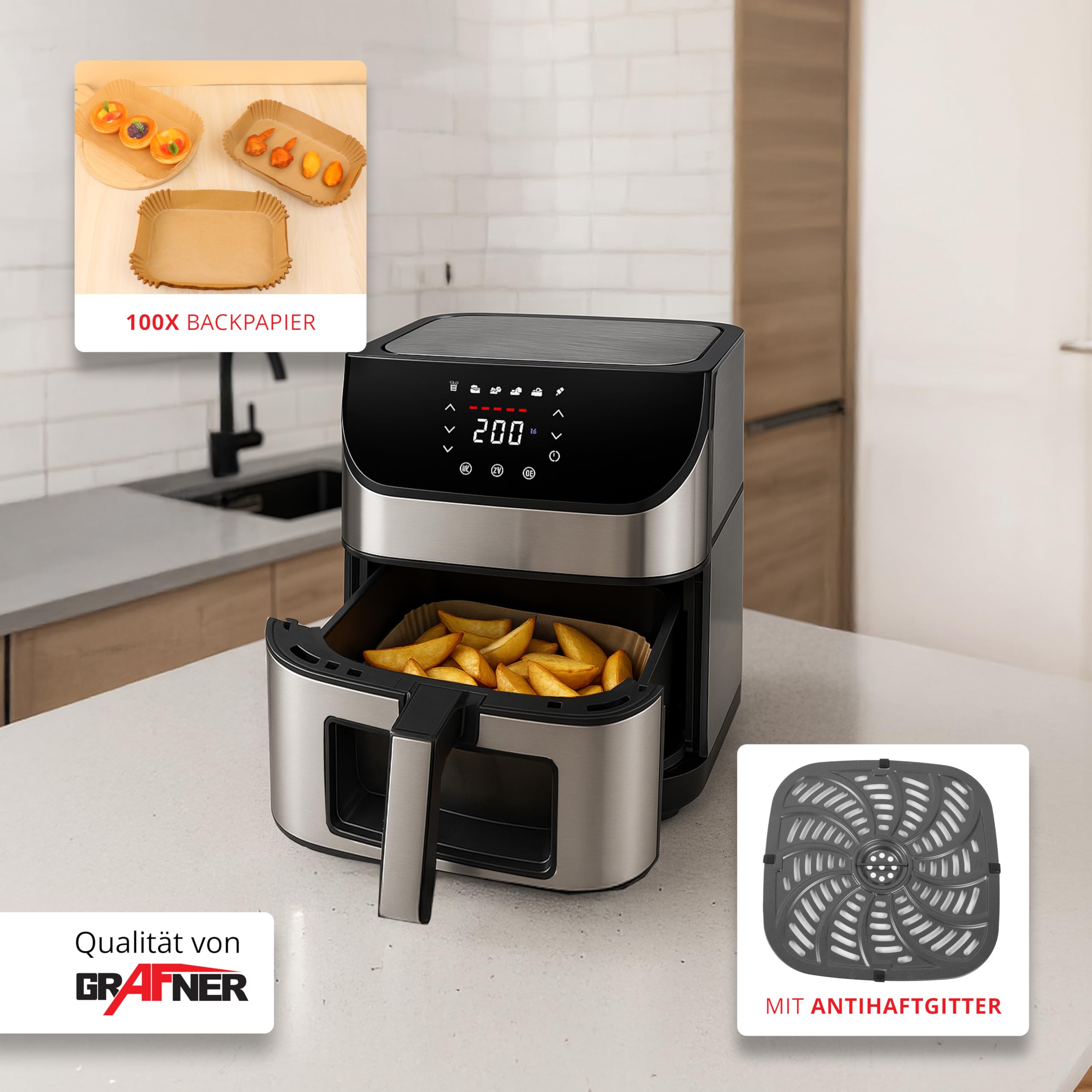 Grafner XXL Digitale Heißluftfritteuse 8 L, 100x Backpapier, LED Touchscreen, 7 Programme, 1800 Watt, Sichtfenster, Antihaft-Beschichtung, Fritteuse ohne Fett ölfrei, Edelstahl Air Fryer Friteuse