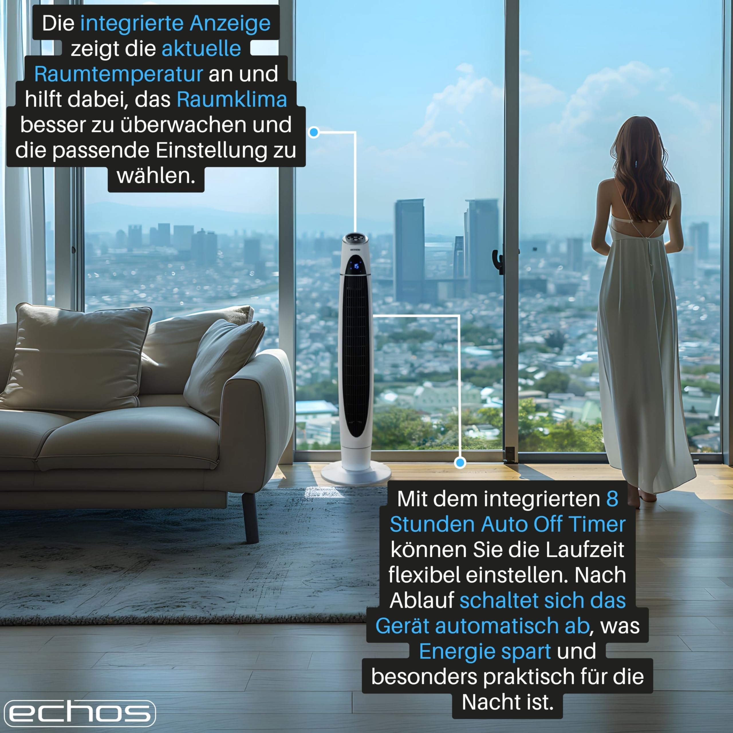 Echos Turmventilator | Ventilator sehr leise | Fernbedienung | Oszillierend | LED-Display | 3 Stufen | Tower Fan | Säulenventilator | Standventilator | Tower-Ventilator | Luftkühler (Schwarz/Weiß)