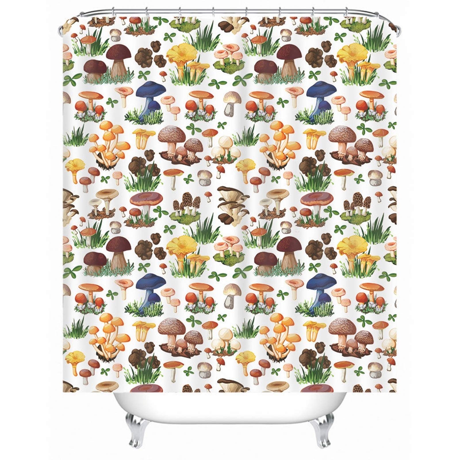 Cortina de ducha antimoho, diseño de setas con anillas, poliéster, 180 x 200 cm, color blanco