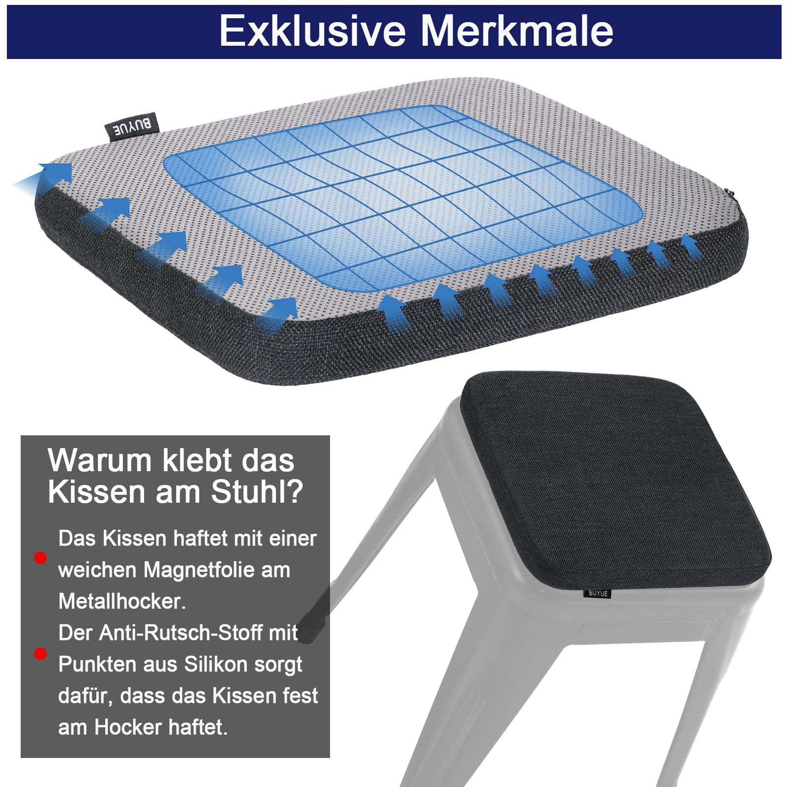 BUYUE Leinen magnetische Barhocker Kissen 1 Stück, Verbesserte Anti-rutsch atmungsaktiv kleinen Stuhl Sitzpolster für Cafe Bistro stapelbar Metallhocker (Quadrat, schwarz, 4)