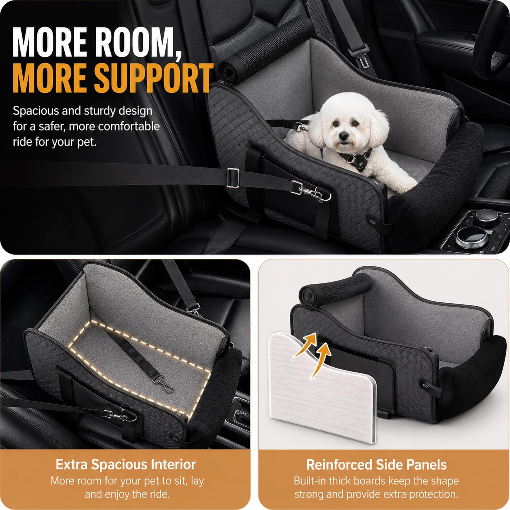 Siège auto pour petits chiens et chats, console centrale pliable, siège pour animal domestique avec double fixation et ceinture de sécurité, poches latérales max 7 kg, convient à 99 % des accoudoirs