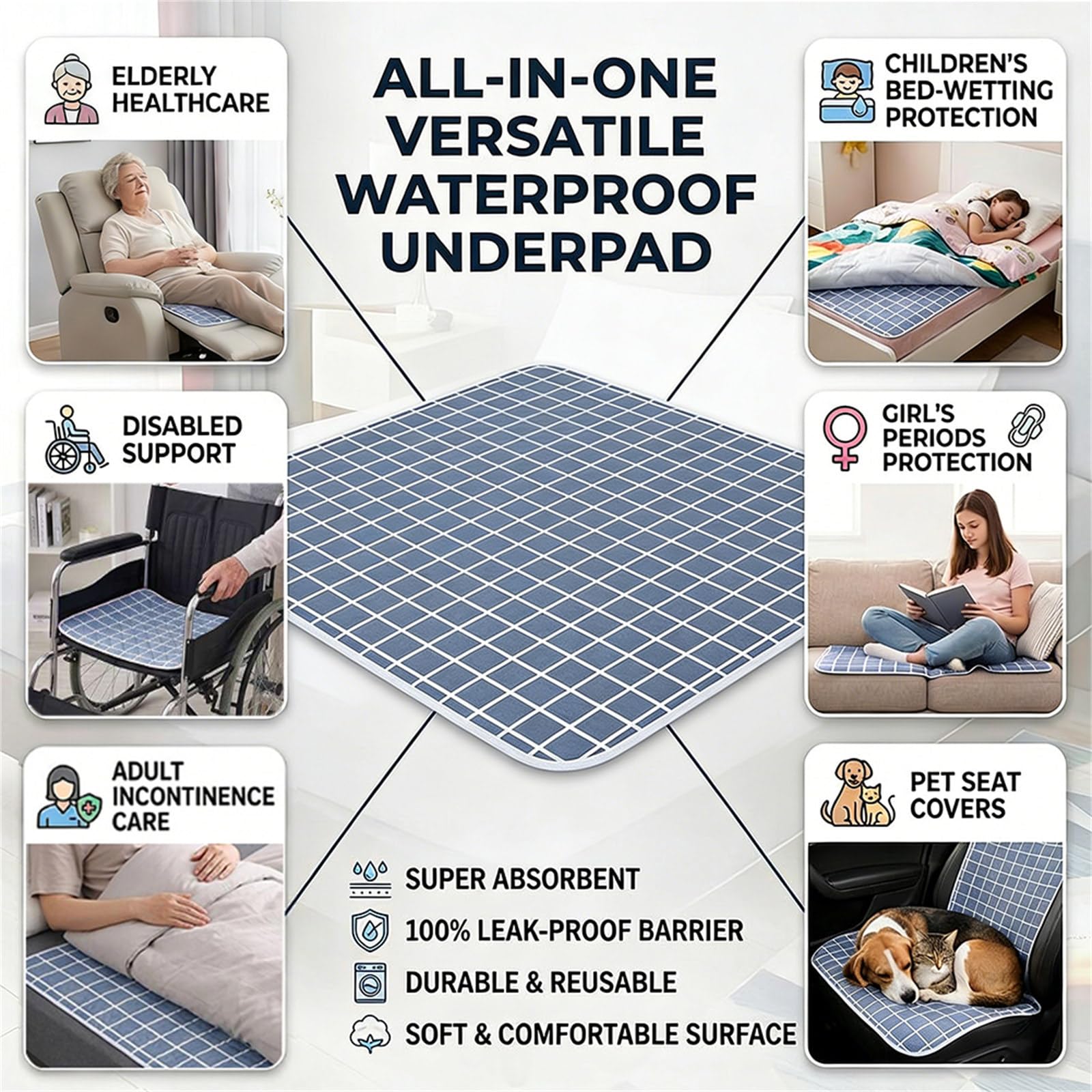 FANSU Empapador Reutilizable para Cama y Silla de Ruedas, Protector de Colchón Impermeable de Alta Absorción, Lavable Ideal para Adultos, Ancianos, Niños y Mascotas (Azul,210x305cm)