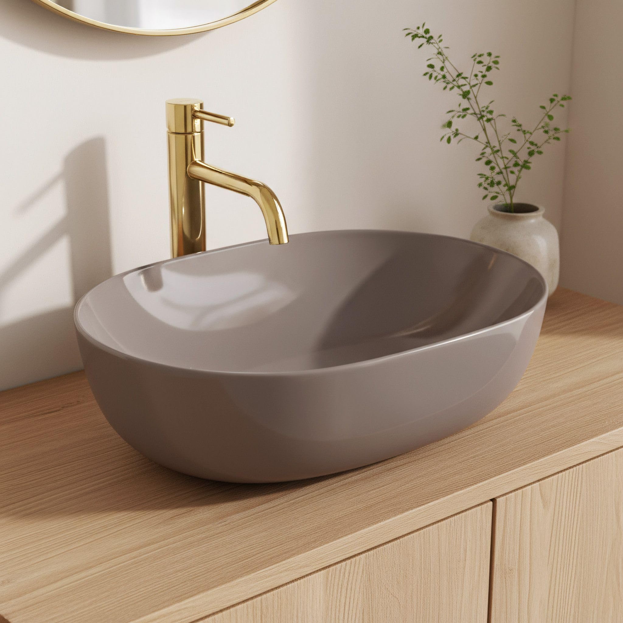 Rea - Lavabo Da Appoggio Lisa Shiny In Ceramica,Beige, Ovale 49X35X14cm