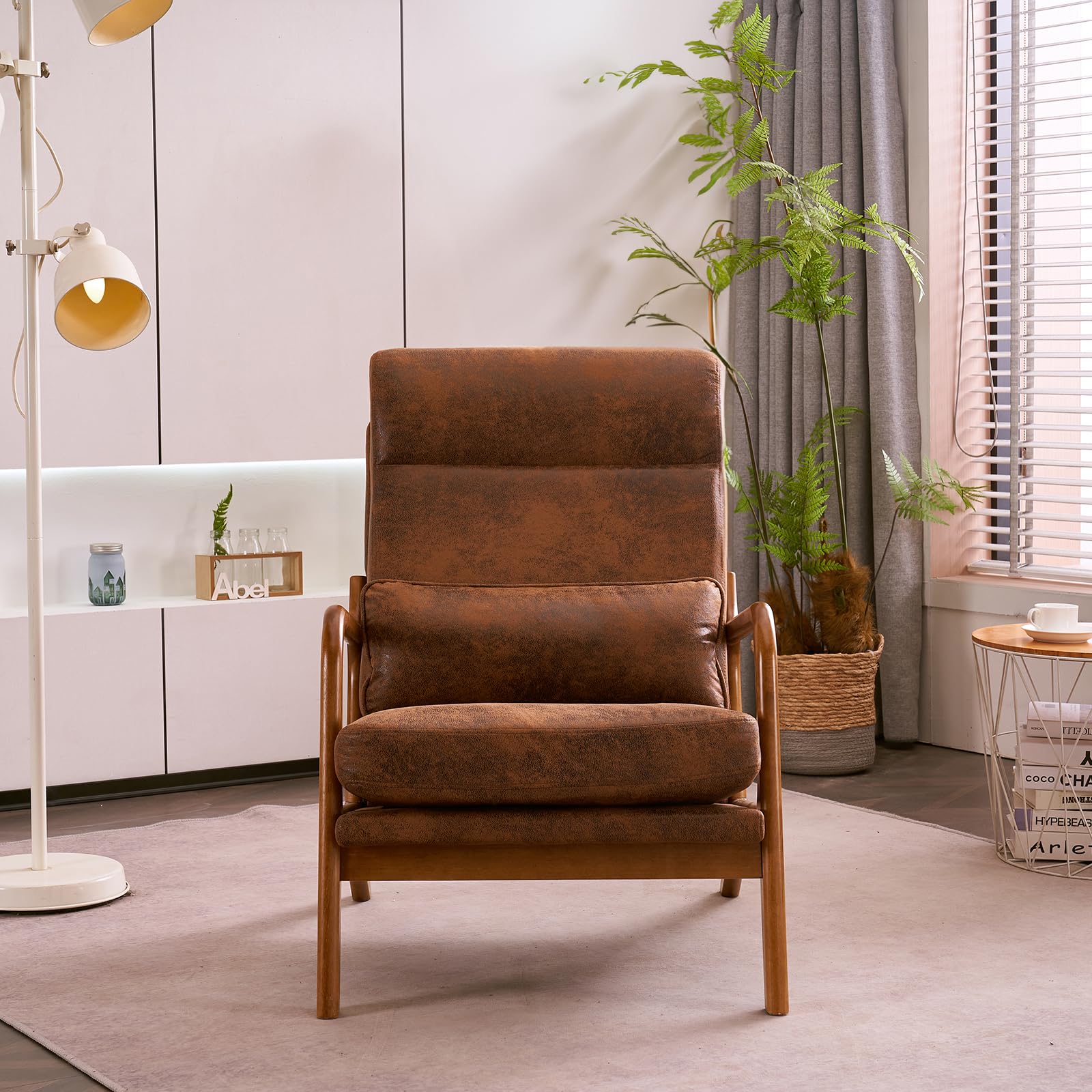 LEADZM Fauteuil de Salon avec Cadre en Bois Massif Fauteuil Lounge, Fauteuil Relax Scandinave, Dossier Haut, pour Salle à Manger, Salon, Chambre, Siege Bureau (Marron)