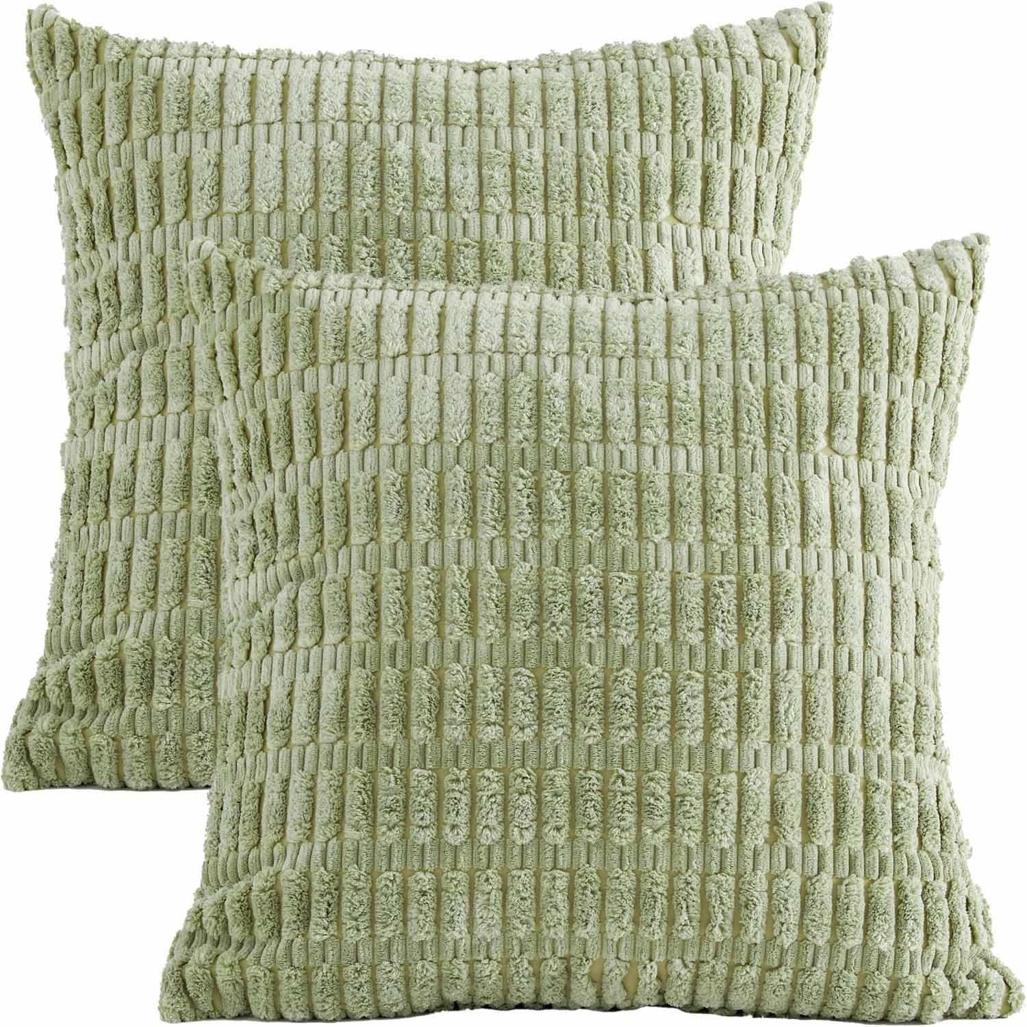 Tennove Cushion Covers 40x40cm Soft Corduroy Square Cushions Pillow Covers Set of 2 Boho Striped Decorative Throw Pillow Cases for Farmhouse Home Sofa Decor Light Green