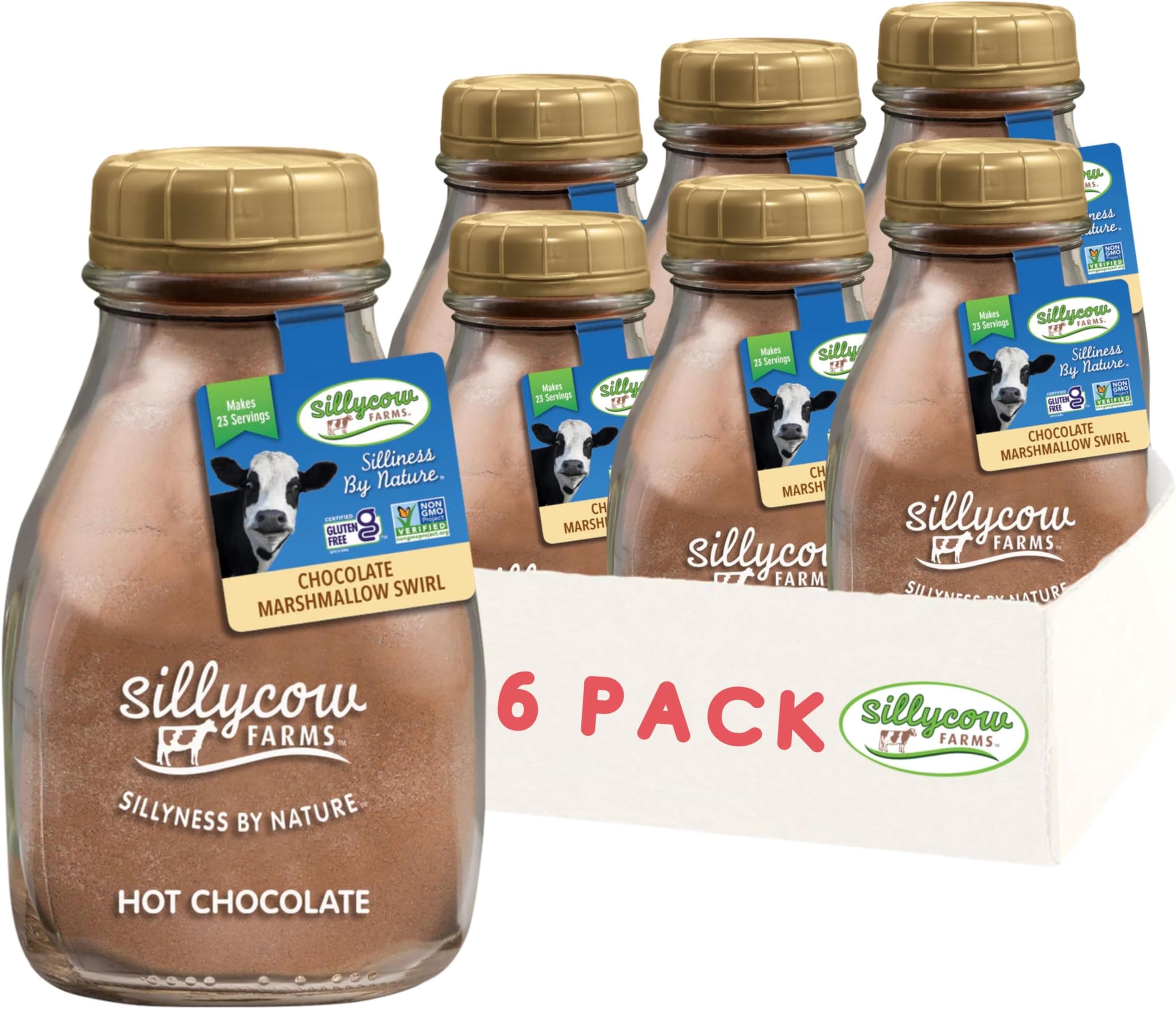 Sillycow Farms Marshmallow Swirl Hot Chocolate | Gluten-Free | Non-GMO | Hot Cocoa Mix with Dutch Processed Cocoa Powder | Made with Real Ingredients | 16.9 oz Glass Bottle (Pack of 6)
