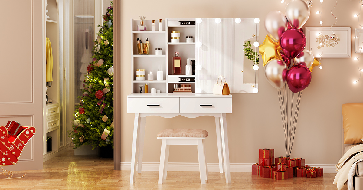 Toeletta Con Specchio Illuminato LED 3 Colori - Tavolo Makeup Con 2 Cassetti E Sgabello - Bianco Elegante - Foto 10